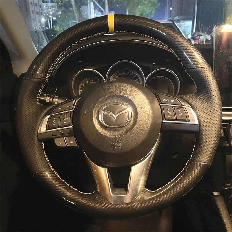 100% Fit For Mazda 2 3 Axela 2013-2016 Mazda 6 Hand Stitched Genuine Leather carbon fiber yellow mark car Steering Wheel Cover
100% Fit For Mazda 2 3 Axela 2013-2016 Mazda 6 Hand Stitched Genuine Leather carbon fiber yellow mark car Steering Wheel Cover