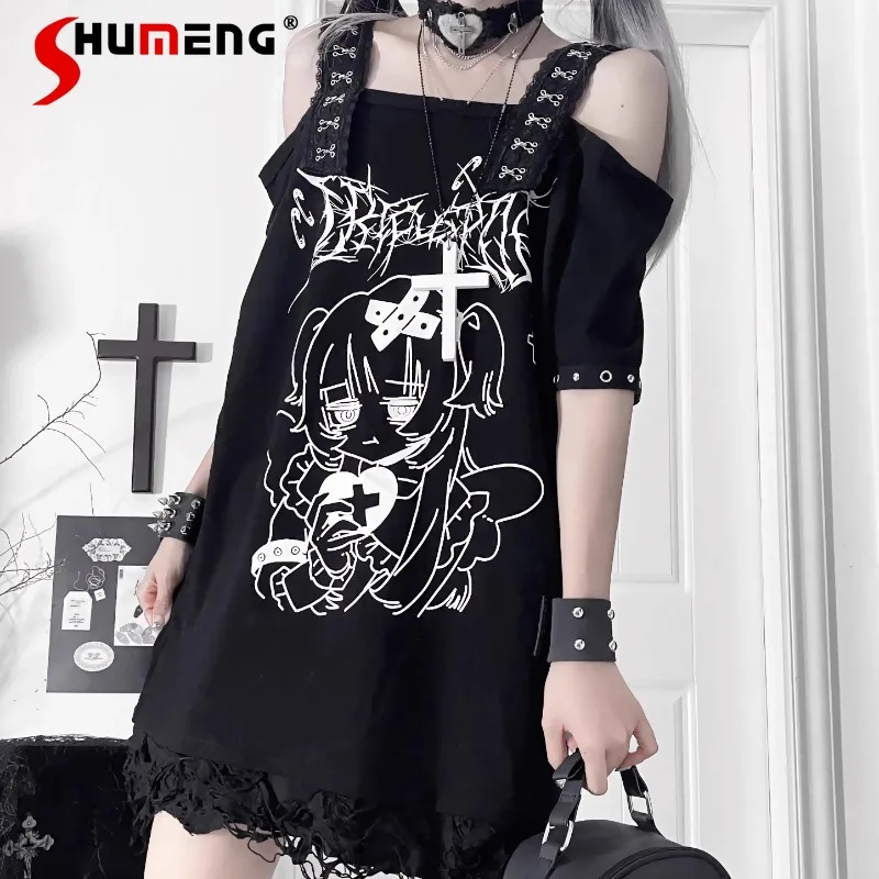 Japanese Dark Black Style Cartoon Comic Sense Printing Tshirts Subculture Loose Short Sleeved Off-the-shoulder T-shirt Pullovers
Japanese Dark Black Style Cartoon Comic Sense Printing Tshirts Subculture Loose Short Sleeved Off-the-shoulder T-shirt Pullovers