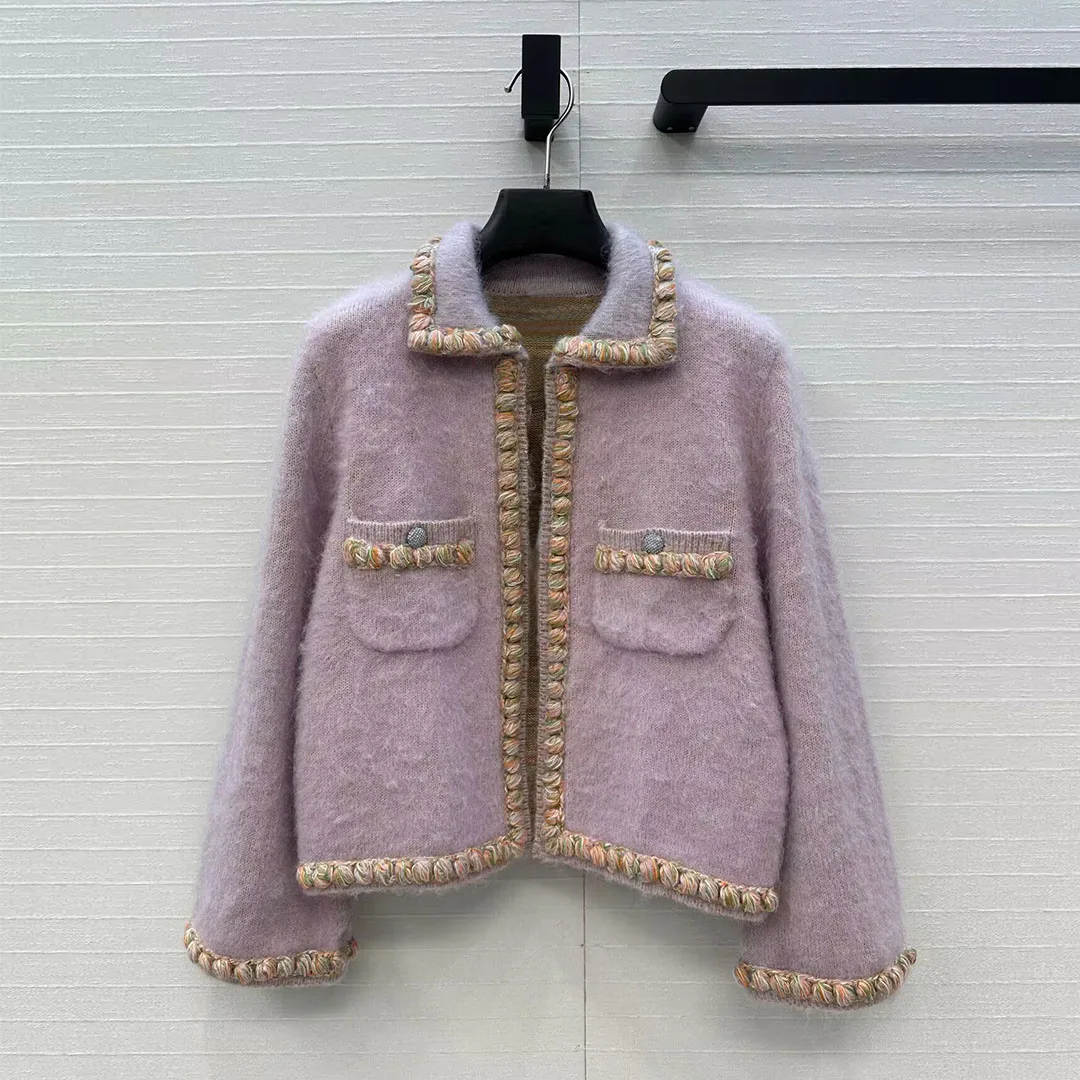 New Autumn Wool Cashmere Knitted Cardiagns Women Crochet Colorful Yarn Edging Lapel Long Sleeve Pockets Sweet Purple Sweater
New Autumn Wool Cashmere Knitted Cardiagns Women Crochet Colorful Yarn Edging Lapel Long Sleeve Pockets Sweet Purple Sweater