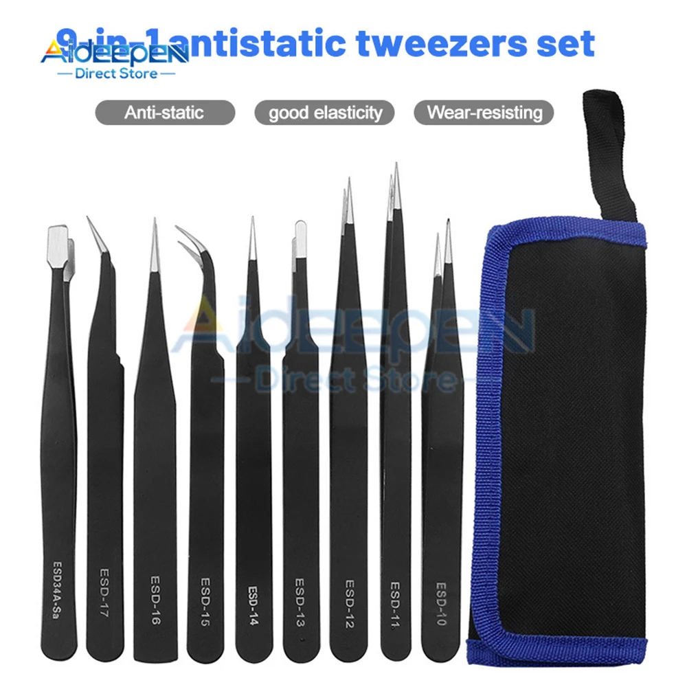 9 in 1 Tweezers Kit Anti Static Stainless Steel Forceps Hand Tools Set for Electronics Mobile Phone Repair BGA Work Tools
9 in 1 Tweezers Kit Anti Static Stainless Steel Forceps Hand Tools Set for Electronics Mobile Phone Repair BGA Work Tools