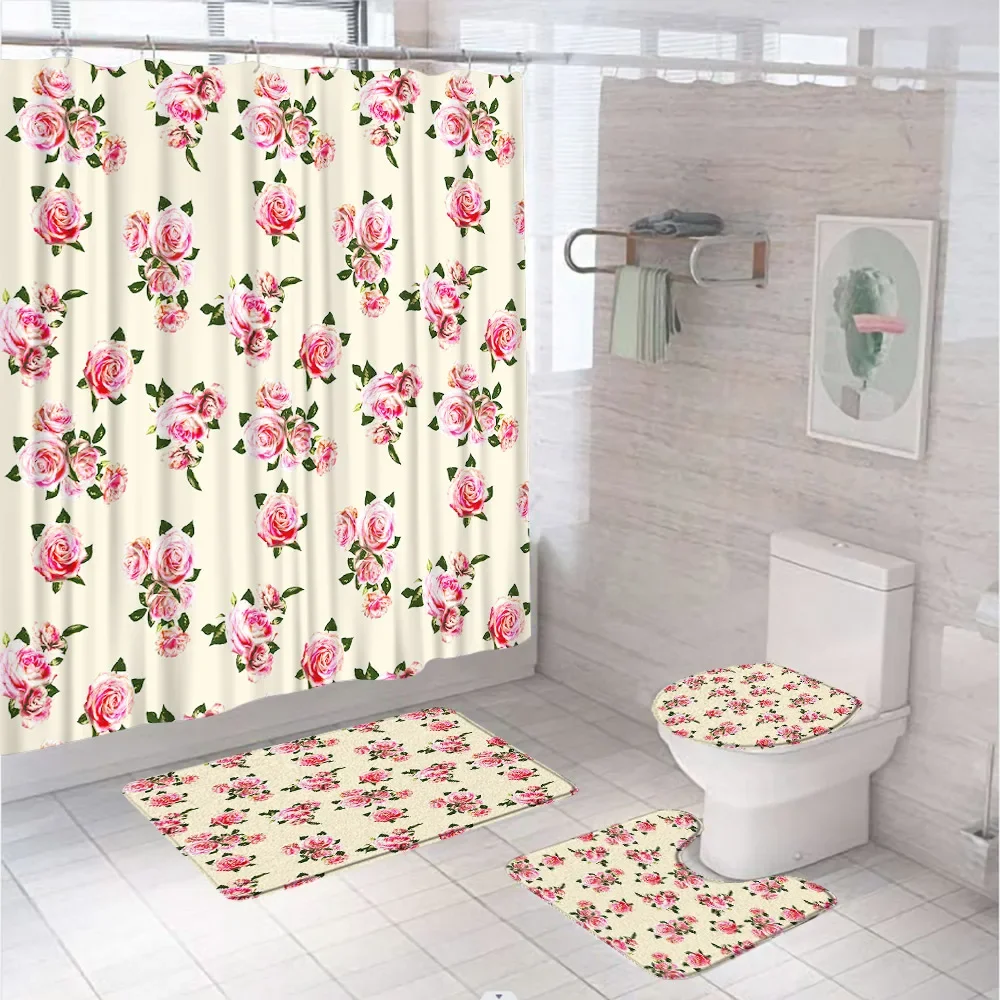 4PCS Pink Rose Floral Fabric Shower Curtain Set Green Leaves Plant Flower Cloth Screen With Rug Bath Mat Carpet Toilet Lid Cover
4PCS Pink Rose Floral Fabric Shower Curtain Set Green Leaves Plant Flower Cloth Screen With Rug Bath Mat Carpet Toilet Lid Cover