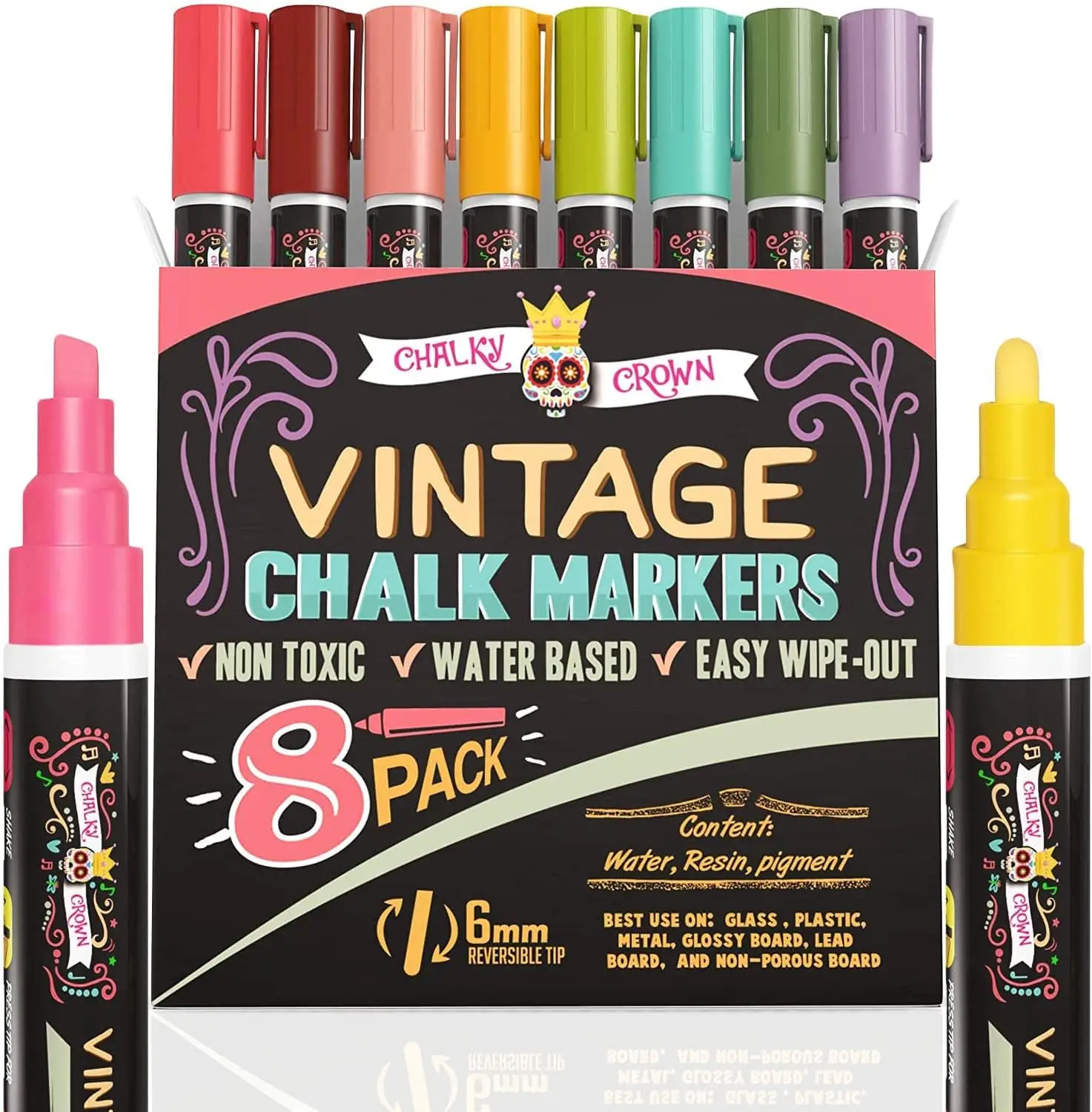 Vintage Liquid Chalk Markers, 8 Pack - Reversible Tip, 6mm - Dry Erase for Chalkboards, Windows, Glass
Vintage Liquid Chalk Markers, 8 Pack - Reversible Tip, 6mm - Dry Erase for Chalkboards, Windows, Glass
