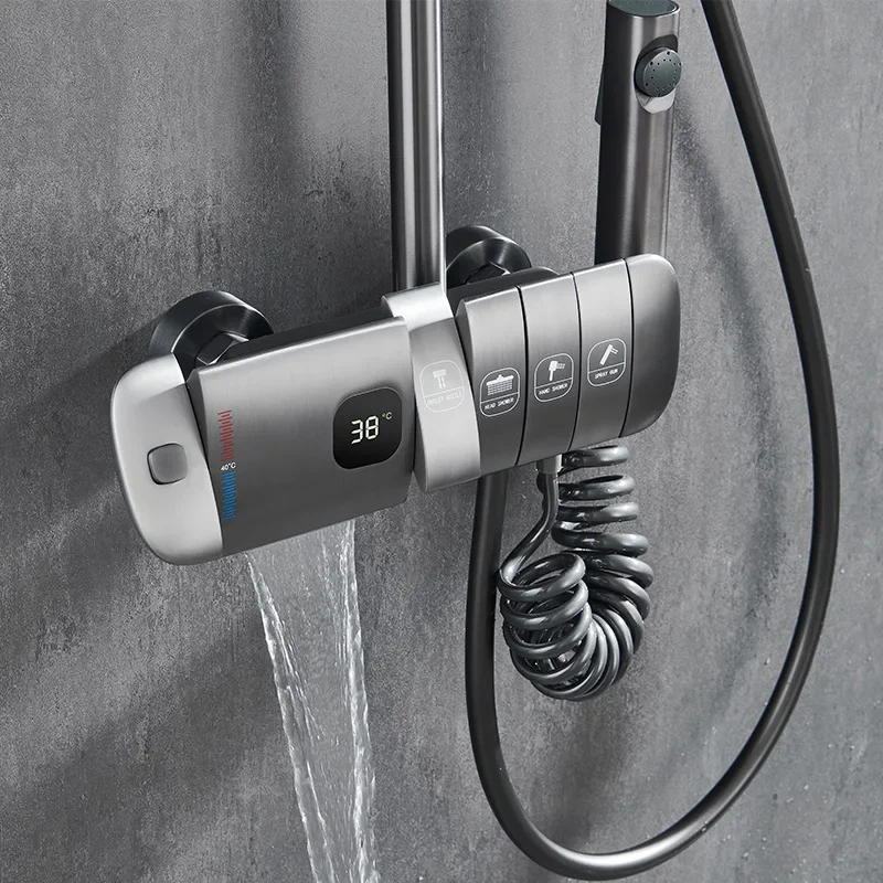 Gun Gray Wall Mounted Luxury Smart LED Digital Display Shower System 4 Way SPA Rainfall Rose Gold Shower Set
Gun Gray Wall Mounted Luxury Smart LED Digital Display Shower System 4 Way SPA Rainfall Rose Gold Shower Set