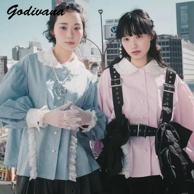 2025 New Autumn Japanese Girl Women's Cute Doll Collar Heart Button Plaid Shirt Puff Sleeve Top Elegant Long Sleeve Blouses
2025 New Autumn Japanese Girl Women's Cute Doll Collar Heart Button Plaid Shirt Puff Sleeve Top Elegant Long Sleeve Blouses