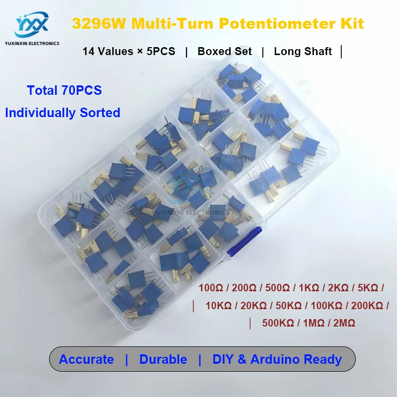 70PCS 3296W Multi-Turn Potentiometer Kit Long Shaft 14 Values × 5PCS Each 100R 200R 500R 1K 2K 5K 10K 20K 50K 100K 200K 500K 1M 
70PCS 3296W Multi-Turn Potentiometer Kit Long Shaft 14 Values × 5PCS Each 100R 200R 500R 1K 2K 5K 10K 20K 50K 100K 200K 500K 1M
