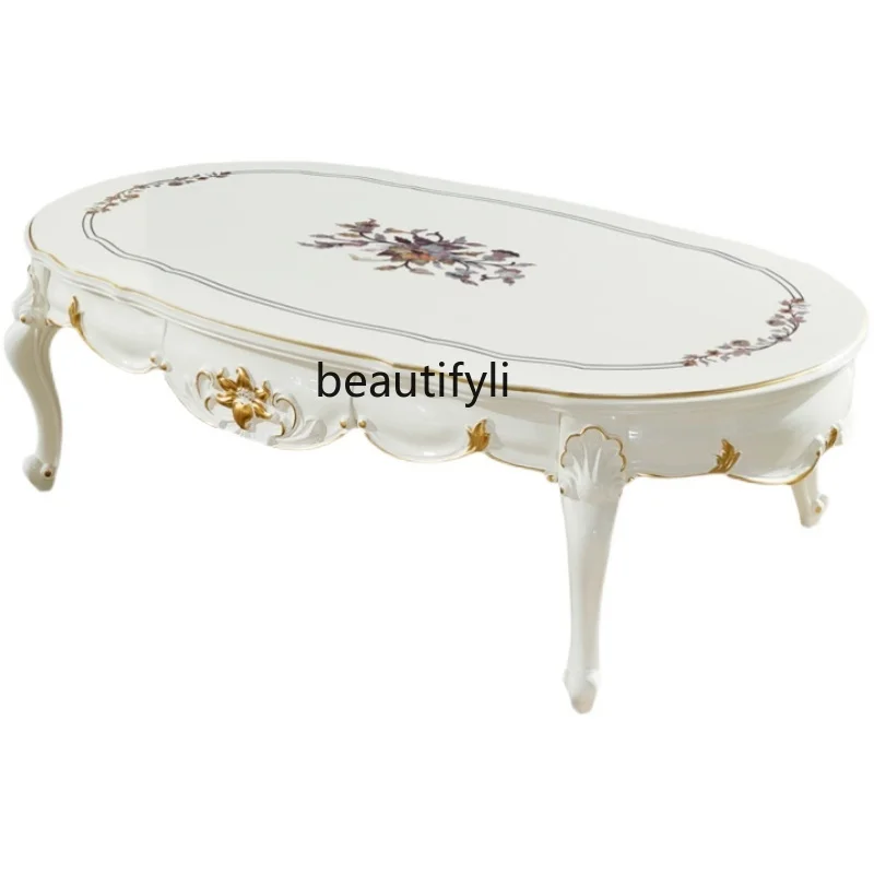 Solid wood coffee table French engraved oval pearl white paint living room sofa tea table high foot
Solid wood coffee table French engraved oval pearl white paint living room sofa tea table high foot