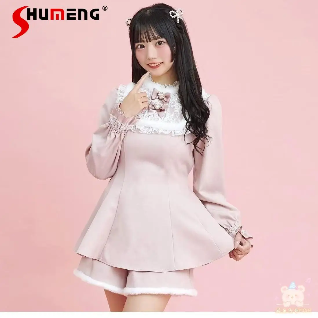 Japanese Mine Lolita Dress Set Lace Splicing Plush Stand Collar Long Sleeve Slim Dresses High Waist Shorts Two-piece Sets Women
Japanese Mine Lolita Dress Set Lace Splicing Plush Stand Collar Long Sleeve Slim Dresses High Waist Shorts Two-piece Sets Women