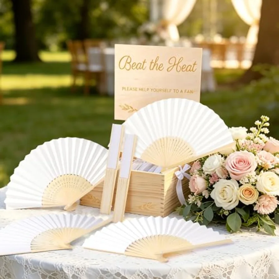 Aodaer White Paper Fan Set 60 Pack Folding Hand Fans with Organza Gift Bags Wooden Storage Box Display Sign and White Ribbon Ha
Aodaer White Paper Fan Set 60 Pack Folding Hand Fans with Organza Gift Bags Wooden Storage Box Display Sign and White Ribbon Ha