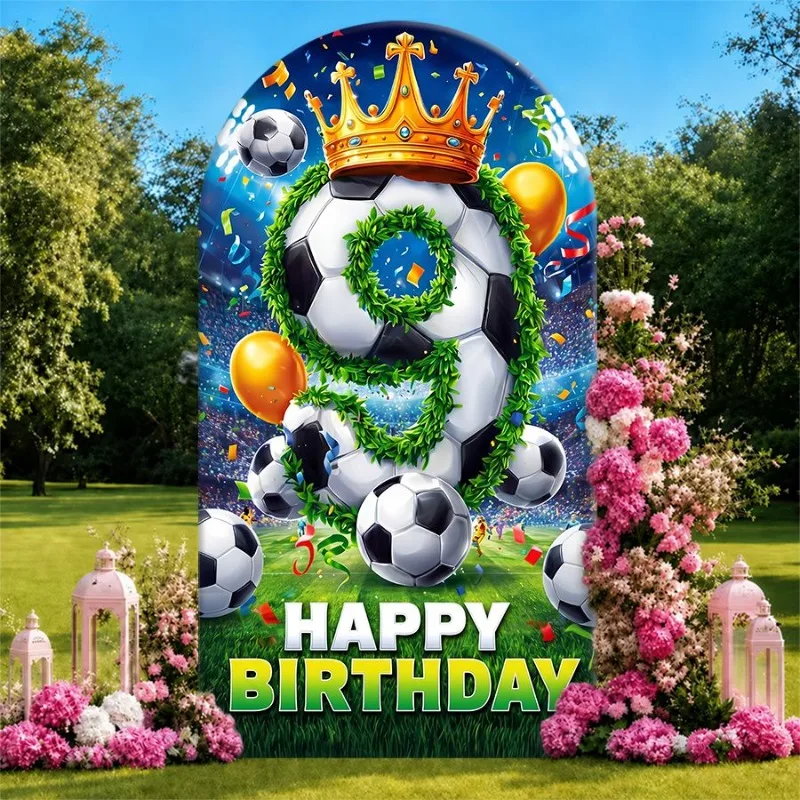 Single Side Arch Backdrop Cover Soccer Theme Birthday Background Banner with Crown and Number 9 Decorated in Green Vine
Single Side Arch Backdrop Cover Soccer Theme Birthday Background Banner with Crown and Number 9 Decorated in Green Vine