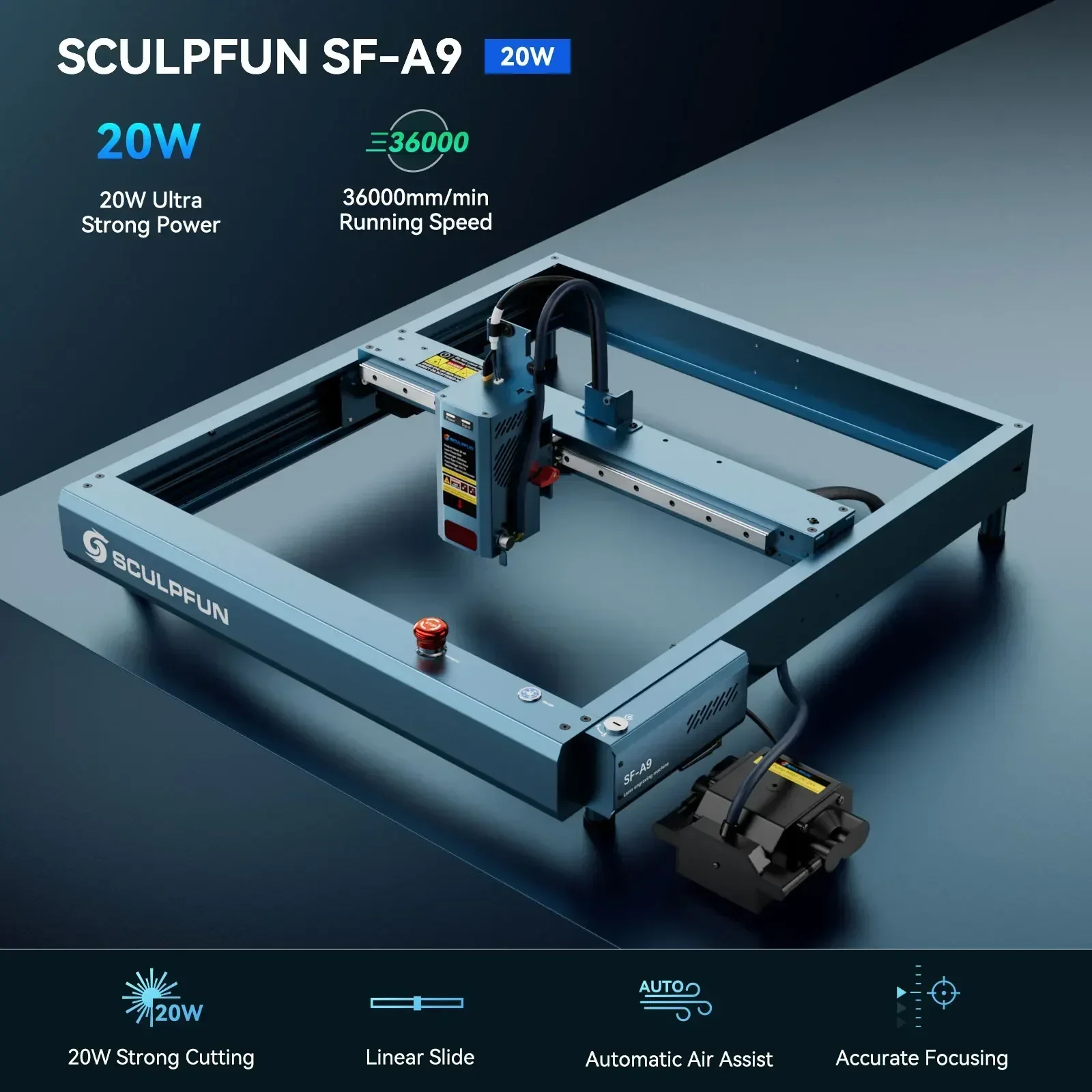 SCULPFUN SF-A9 20W High Speed Diode Laser Engraver Automatic Metal Laser Engraving Machines with Air Assist For Glass Metal
SCULPFUN SF-A9 20W High Speed Diode Laser Engraver Automatic Metal Laser Engraving Machines with Air Assist For Glass Metal