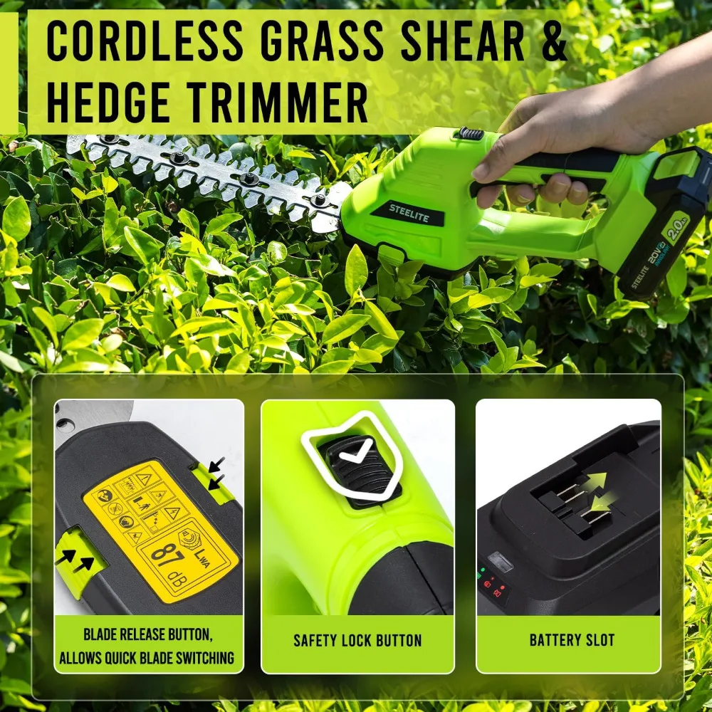 Hedge Trimmer Cordless, Dual-Purpose 21V Handheld Shrub & Grass Shear Electric with 2 x 2.0Ah Batteries, Fast Charger
Hedge Trimmer Cordless, Dual-Purpose 21V Handheld Shrub & Grass Shear Electric with 2 x 2.0Ah Batteries, Fast Charger