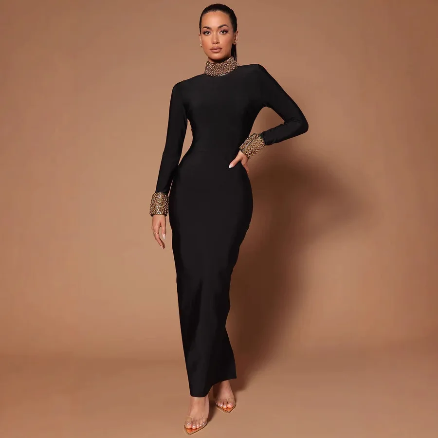 New hot-selling high-end classic sexy long-sleeved bandage skirt gold bead dew long dress European and American banquet party dr
New hot-selling high-end classic sexy long-sleeved bandage skirt gold bead dew long dress European and American banquet party dr