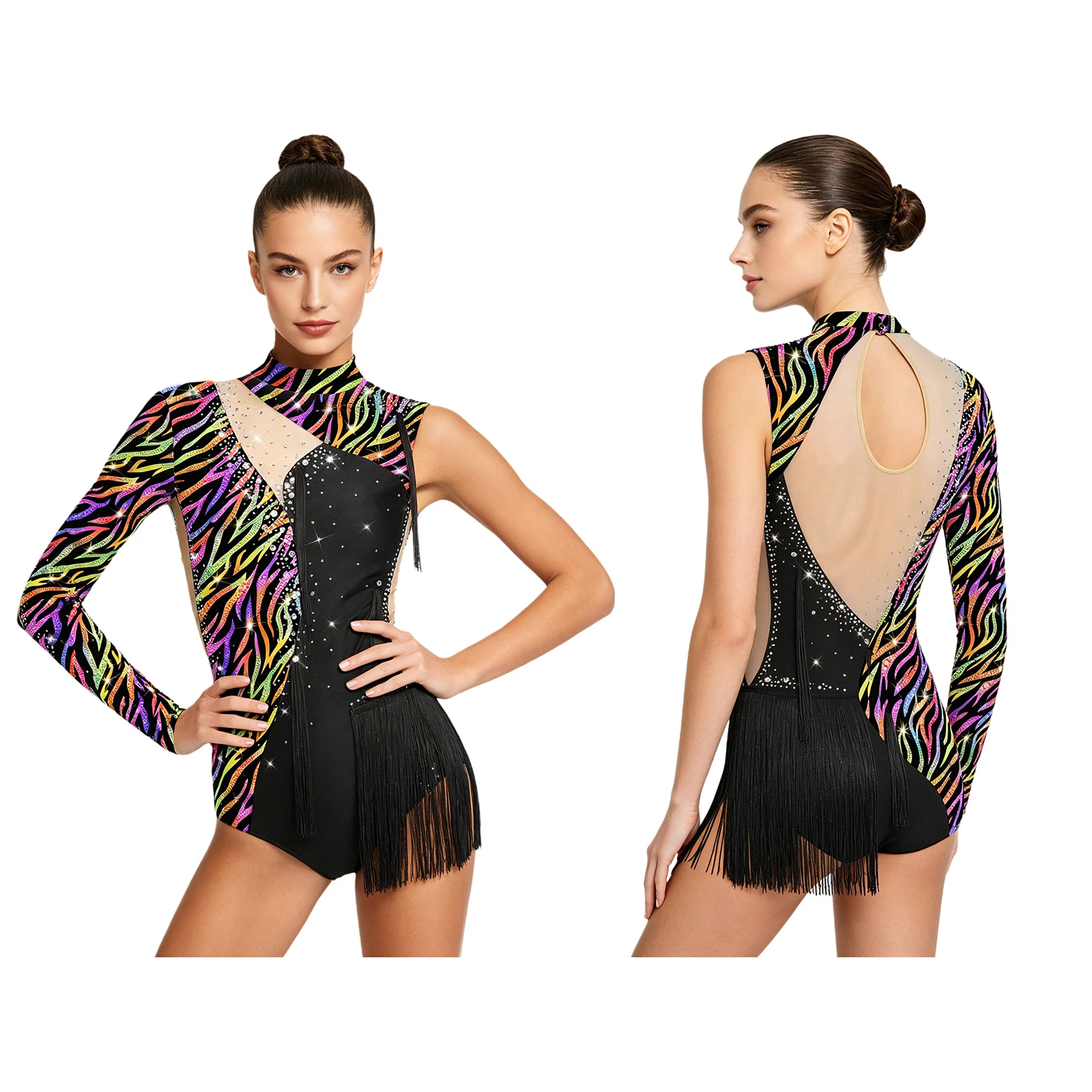 Women Single Sleeve Rhinestones Tassel Mesh Print Ballet Gymnastics Figure Skating Leotard Latin Dance Cha-cha Samba Bodysuit
Women Single Sleeve Rhinestones Tassel Mesh Print Ballet Gymnastics Figure Skating Leotard Latin Dance Cha-cha Samba Bodysuit