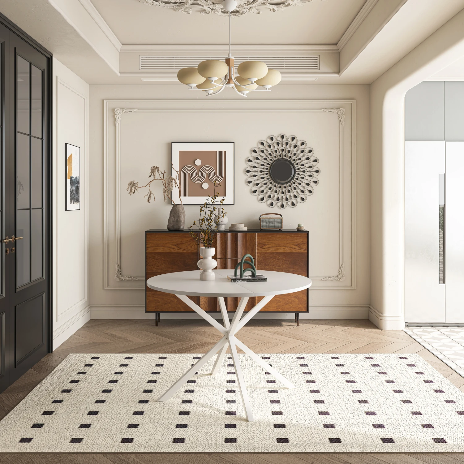 42.13'' Modern Cross Leg Round Dining Table, White Top Occasional Table, Two Piece Removable Top, Matte Finish Iron Legs
42.13'' Modern Cross Leg Round Dining Table, White Top Occasional Table, Two Piece Removable Top, Matte Finish Iron Legs