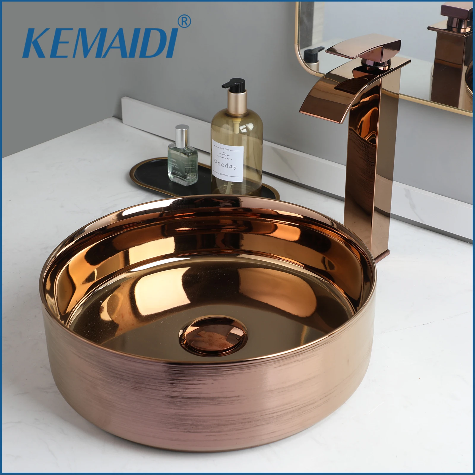 KEMAIDI 14.4'' Rose Gold Round Vessel Sink with Faucet Ceramic Vessel Sink Bathroom Sinks Above Counter Top Vessel Sink Tap Set
KEMAIDI 14.4'' Rose Gold Round Vessel Sink with Faucet Ceramic Vessel Sink Bathroom Sinks Above Counter Top Vessel Sink Tap Set