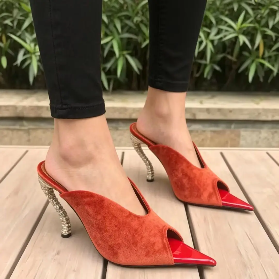 Pointed Peep Toe Black Red Stitching Sandals Rhinestones Strange Metal Stiletto High Heels Burgundy Brown Suede Women'S Slippers
Pointed Peep Toe Black Red Stitching Sandals Rhinestones Strange Metal Stiletto High Heels Burgundy Brown Suede Women'S Slippers
