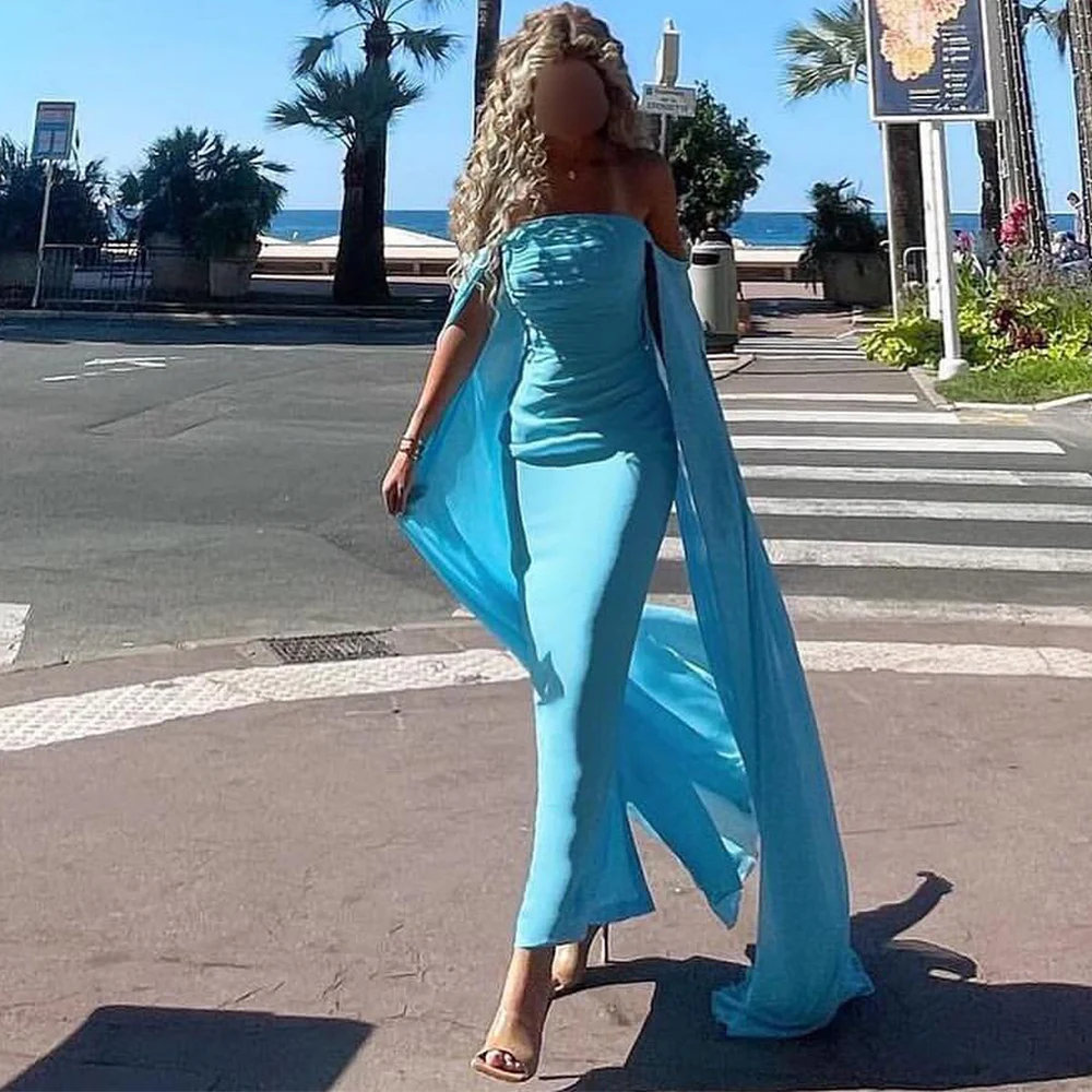 Sky Blue Bespoke Occasion Gowns Jersey Sheath/Column Cocktail Party Dress Off-the-shoulder Cloak Sleeves Valentine's Day Dress
Sky Blue Bespoke Occasion Gowns Jersey Sheath/Column Cocktail Party Dress Off-the-shoulder Cloak Sleeves Valentine's Day Dress