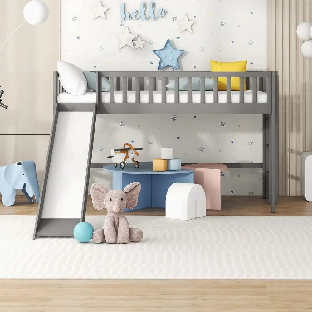Twin Size Low Loft Bed with Slide for Kids, Ladder and Guardrails, Gray
Twin Size Low Loft Bed with Slide for Kids, Ladder and Guardrails, Gray