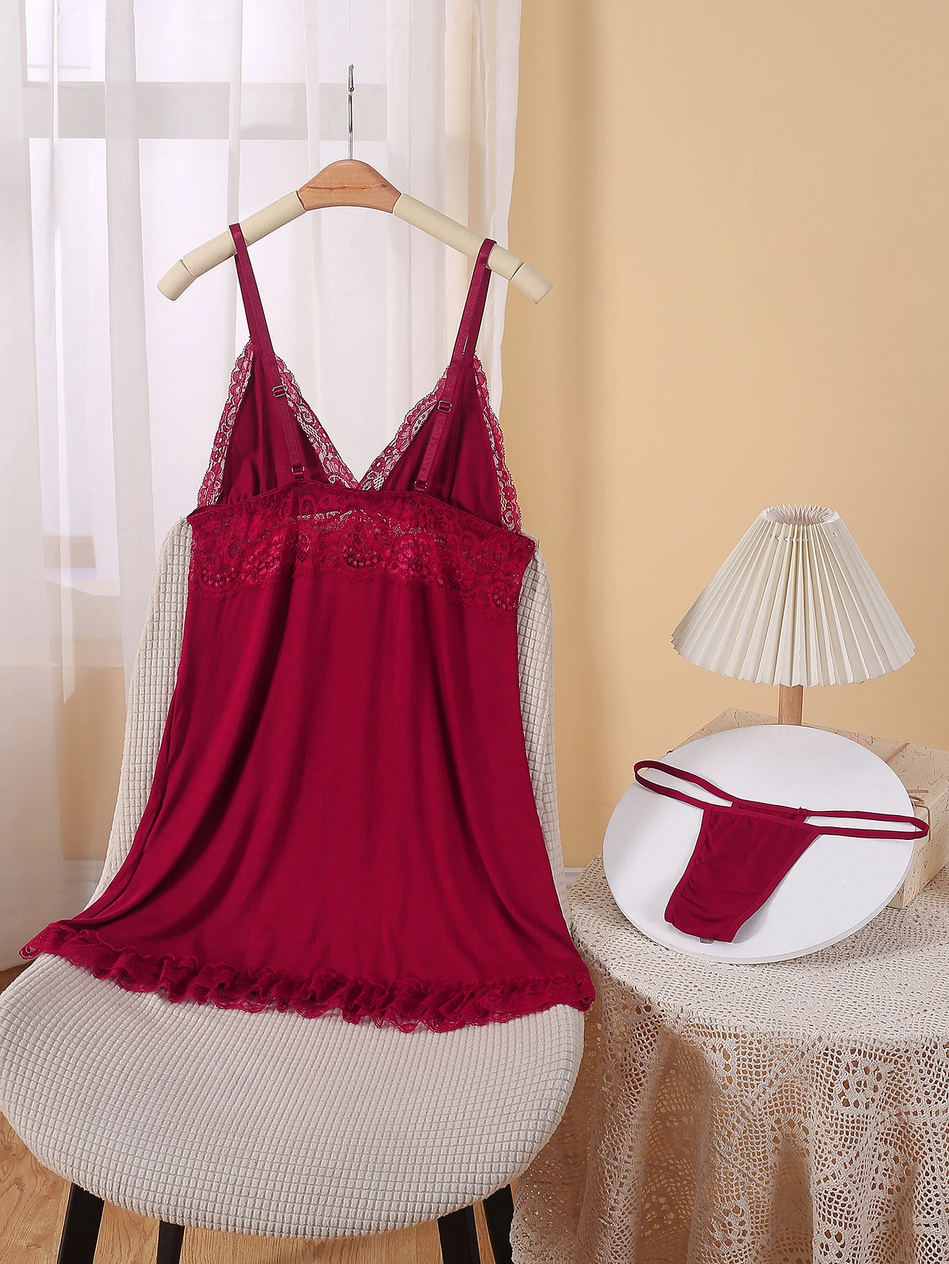 Elegant Burgundy Lace V-Neck Nightdress with Ruffle Hem - Comfortable Loungewear for Bedroom or Honeymoon
Elegant Burgundy Lace V-Neck Nightdress with Ruffle Hem - Comfortable Loungewear for Bedroom or Honeymoon