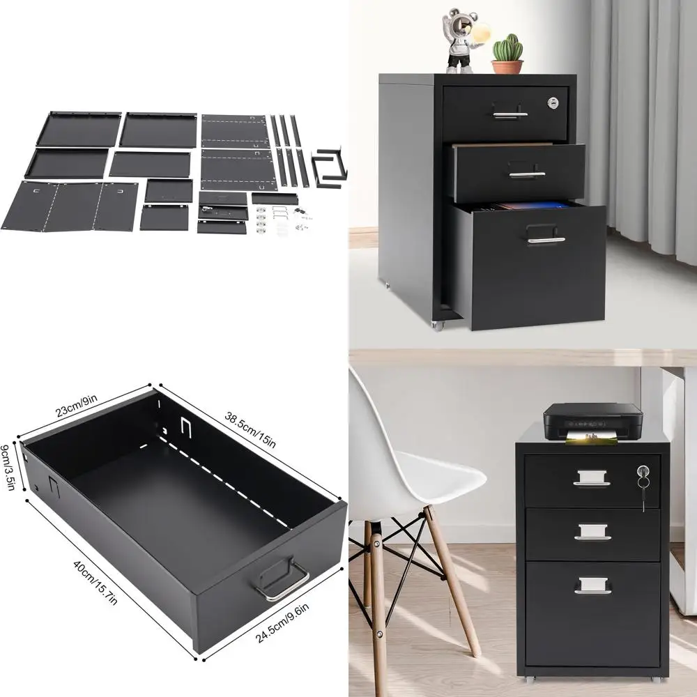 Mobile Metal 3-Drawer File Cabinet with Lock, Letter/Legal/A4, Home Office, Black
Mobile Metal 3-Drawer File Cabinet with Lock, Letter/Legal/A4, Home Office, Black