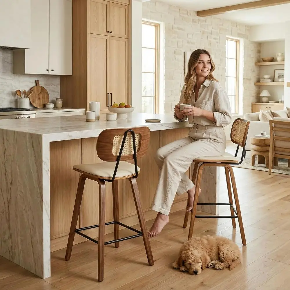 Set of 2 Beige PU Leather Counter Stools with Open Cane Backrest and Bentwood Legs, 26 Seat Height for Kitchen or Home Pub
Set of 2 Beige PU Leather Counter Stools with Open Cane Backrest and Bentwood Legs, 26 Seat Height for Kitchen or Home Pub