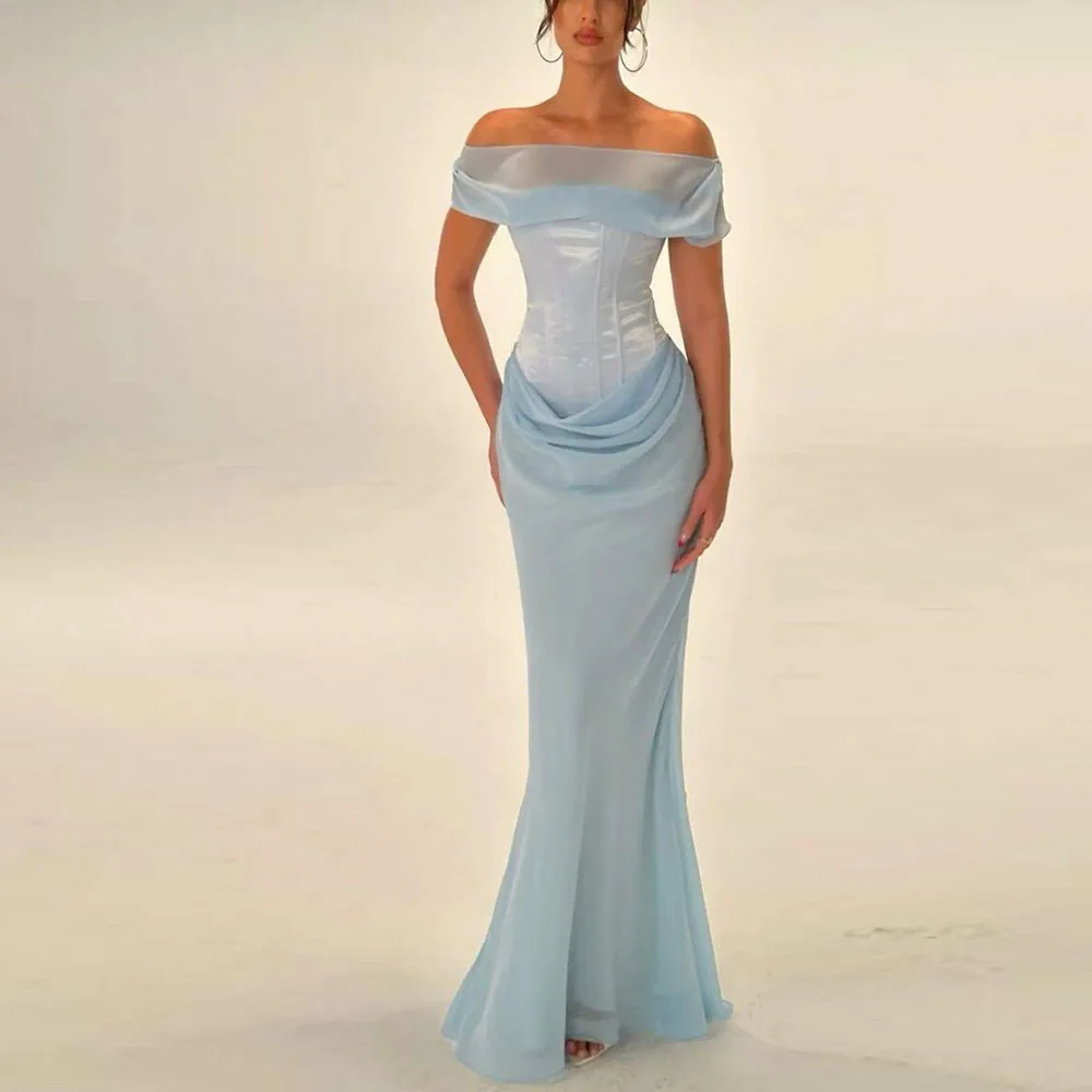 Голубые вечерние платья с открытыми плечами и короткими рукавами Русалка высокого качества длиной до пола, женские платья для выпускного вечера, классические 2025 
Голубые вечерние платья с открытыми плечами и короткими рукавами Русалка высокого качества длиной до пола, женские платья для выпускного вечера, классические 2025