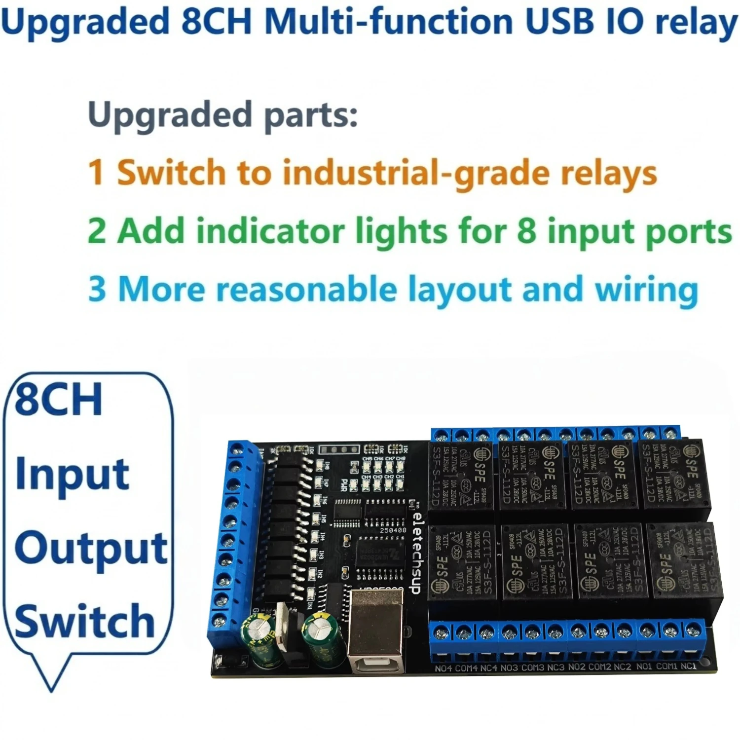 with 8 Optocoupled Inputs 10A Industrial Control Switch Board 8CH USB Relay Module UD85C08 for PC Home Automation Test Fixture
with 8 Optocoupled Inputs 10A Industrial Control Switch Board 8CH USB Relay Module UD85C08 for PC Home Automation Test Fixture