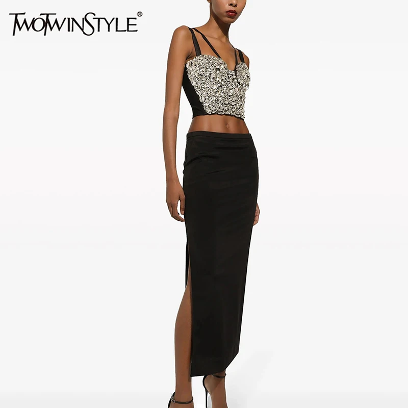 TWOTWINSTYLE Slimming Two Piece Set For Women Square Collar Sleeveless Patchwork Diamonds Top High Waist Skirt Sexy Sets Female
TWOTWINSTYLE Slimming Two Piece Set For Women Square Collar Sleeveless Patchwork Diamonds Top High Waist Skirt Sexy Sets Female