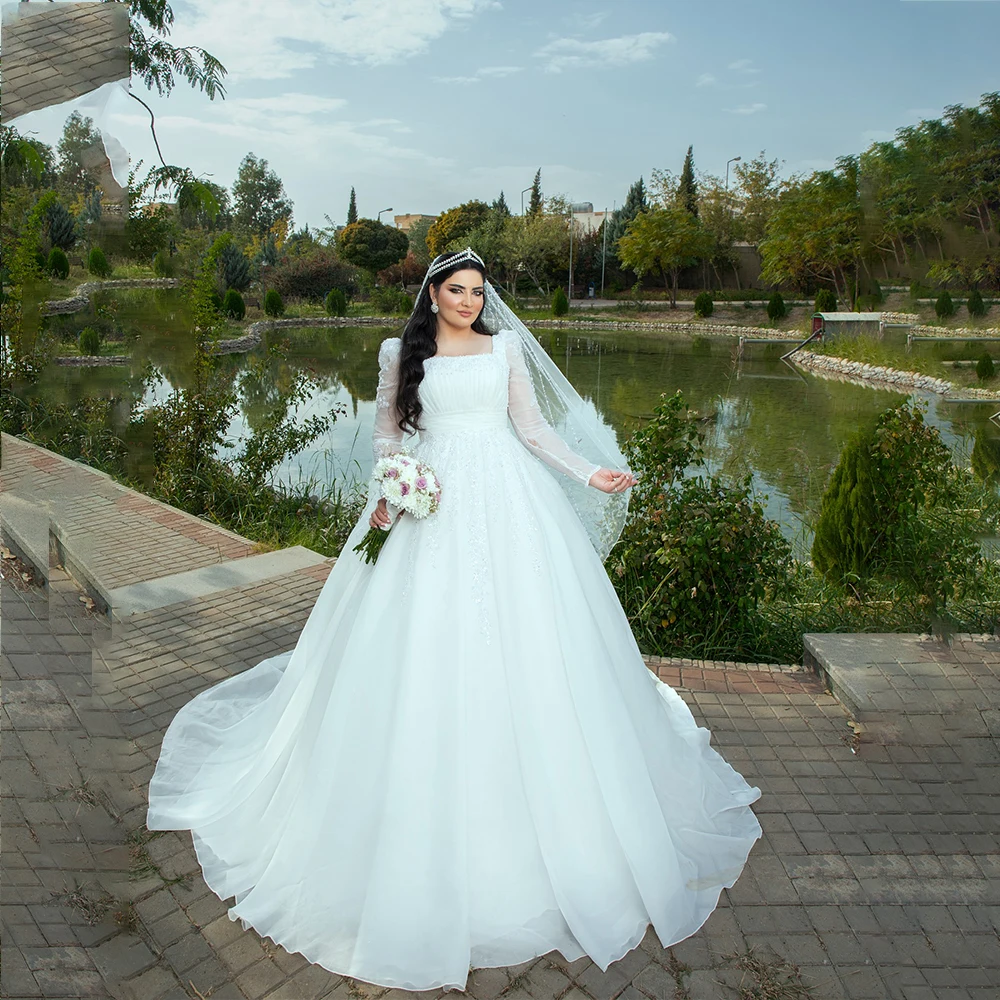 Exquisite Wedding Dresses Square Collar Long Sleeve Sweep Train Church Bride Dress with Beading Appliques Bridal Gown Customized
Exquisite Wedding Dresses Square Collar Long Sleeve Sweep Train Church Bride Dress with Beading Appliques Bridal Gown Customized