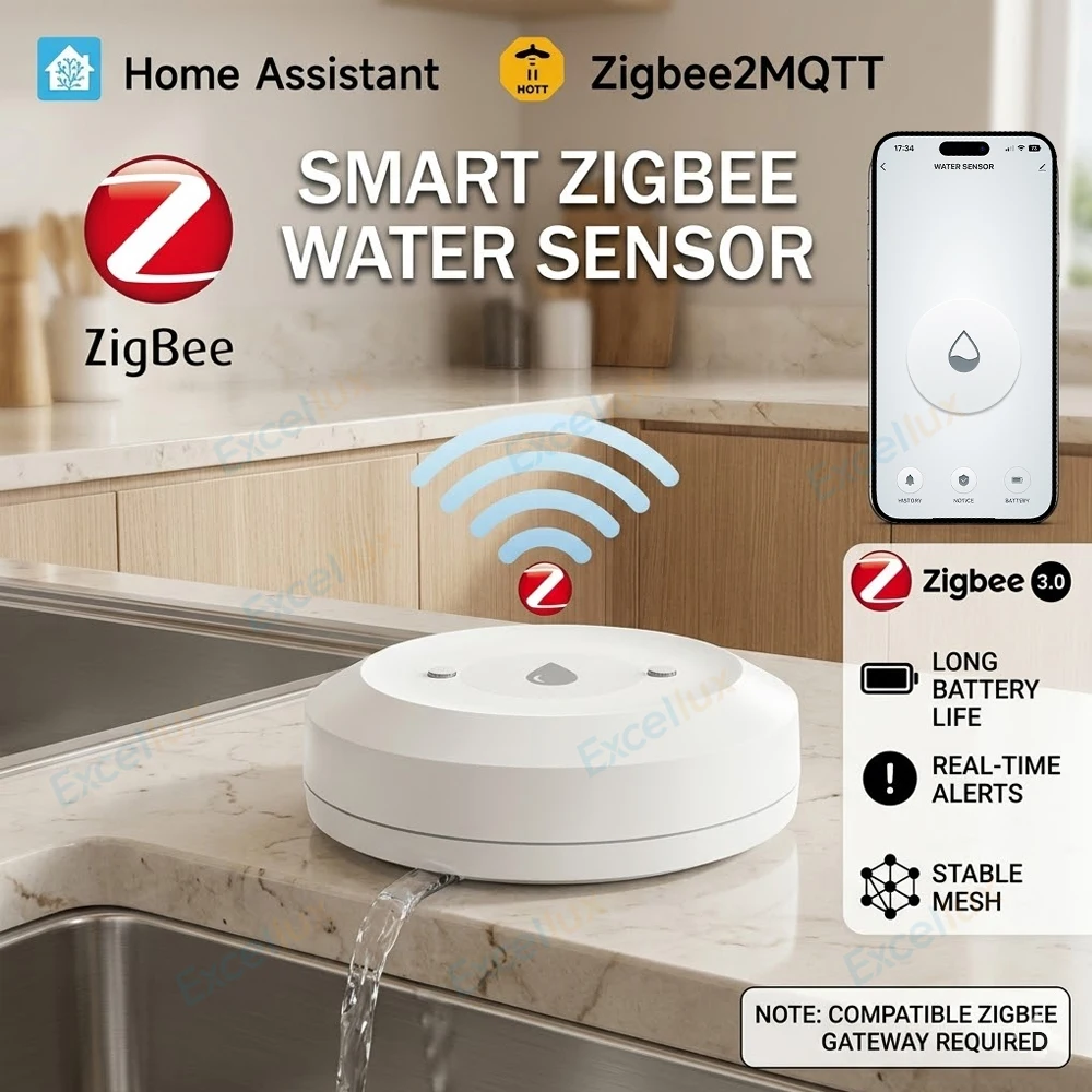 Zigbee Water Sensor Leak Flood Detector App Remote Monitoring for Kitchen/Bathroom Support Home Assistant Z2MQTT Need Gateway
Zigbee Water Sensor Leak Flood Detector App Remote Monitoring for Kitchen/Bathroom Support Home Assistant Z2MQTT Need Gateway