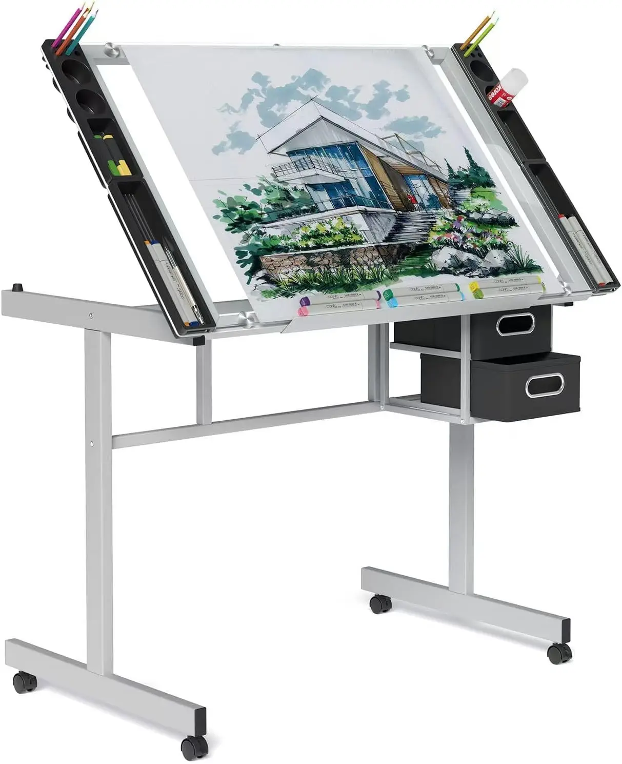 Adjustable Drafting Table with Glass Top, Art Craft Desk with Slide-Out Drawers, Rolling Wheels, Storage, for Drawing, Writing, Painting, and Creative Tasks, Ideal for Home Office
Adjustable Drafting Table with Glass Top, Art Craft Desk with Slide-Out Drawers, Rolling Wheels, Storage, for Drawing, Writing, Painting, and Creative Tasks, Ideal for Home Office