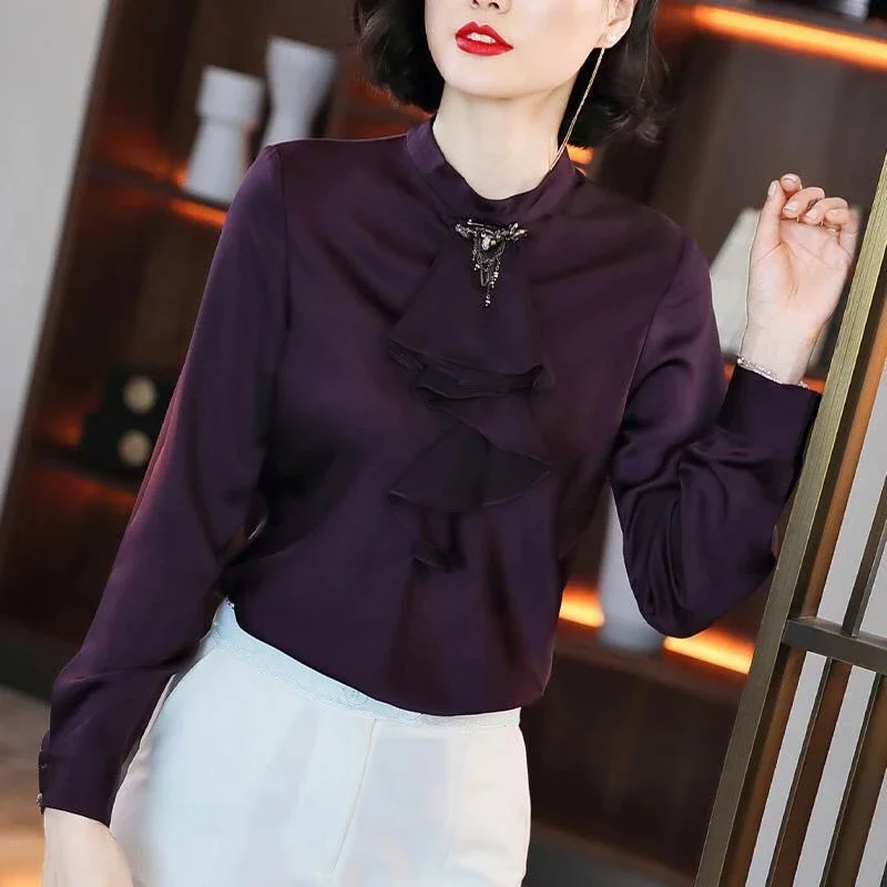 Fall Spring Fashion Womens Korean Clothing , Woman Purple Ruffles Imitation Silk Blouse Top Shirt , Office Ladies Blouses Tops
Fall Spring Fashion Womens Korean Clothing , Woman Purple Ruffles Imitation Silk Blouse Top Shirt , Office Ladies Blouses Tops