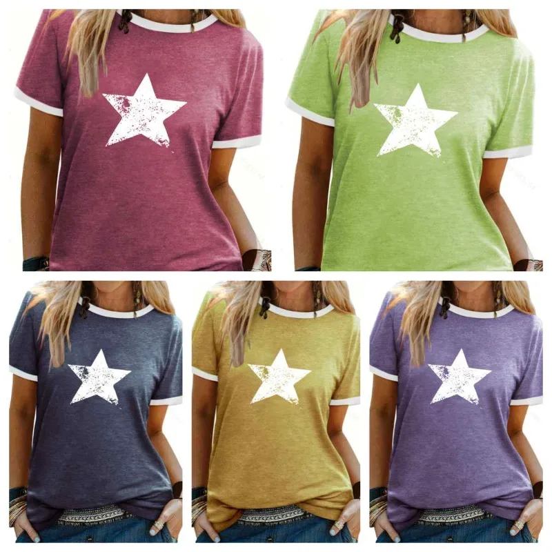 Simple and Refreshing Women's T-shirt Elegant Five-pointed Star Print Contrast Color T-shirt Short-sleeved Round Neck Casual Top
Simple and Refreshing Women's T-shirt Elegant Five-pointed Star Print Contrast Color T-shirt Short-sleeved Round Neck Casual Top