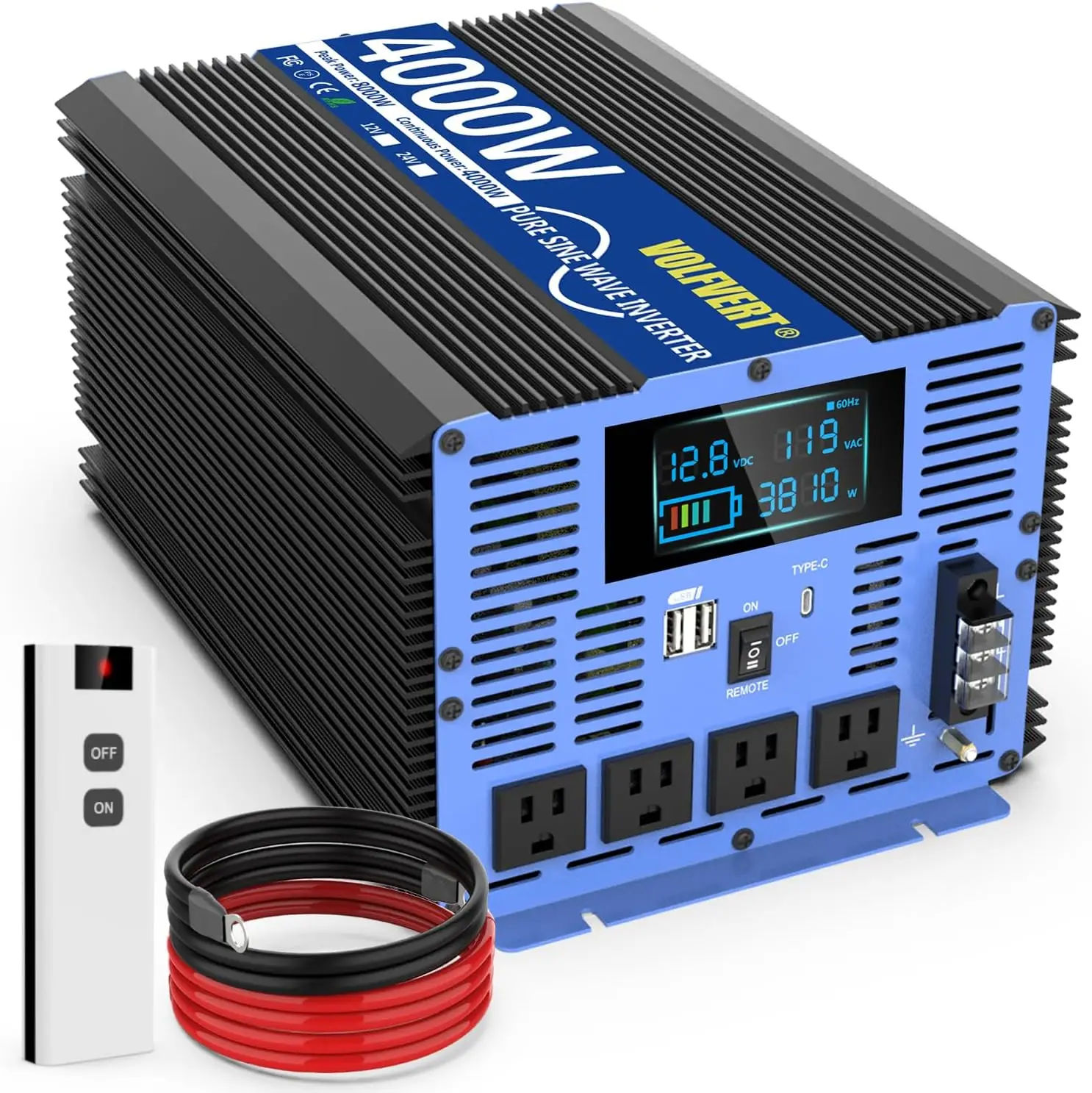 4000W Pure Sine Wave Power Inverters DC 12V to AC 110V 120V with Type-C 4 AC Outlets Dual USB Ports Terminal Blocks LCD Display
4000W Pure Sine Wave Power Inverters DC 12V to AC 110V 120V with Type-C 4 AC Outlets Dual USB Ports Terminal Blocks LCD Display
