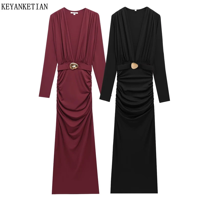 KEYANKETIAN 2025 Spring New Pleats Sheath Long Dress with Metal Decoration Waist-Cinching V-neck Pure Color Women's Fashion Gown
KEYANKETIAN 2025 Spring New Pleats Sheath Long Dress with Metal Decoration Waist-Cinching V-neck Pure Color Women's Fashion Gown