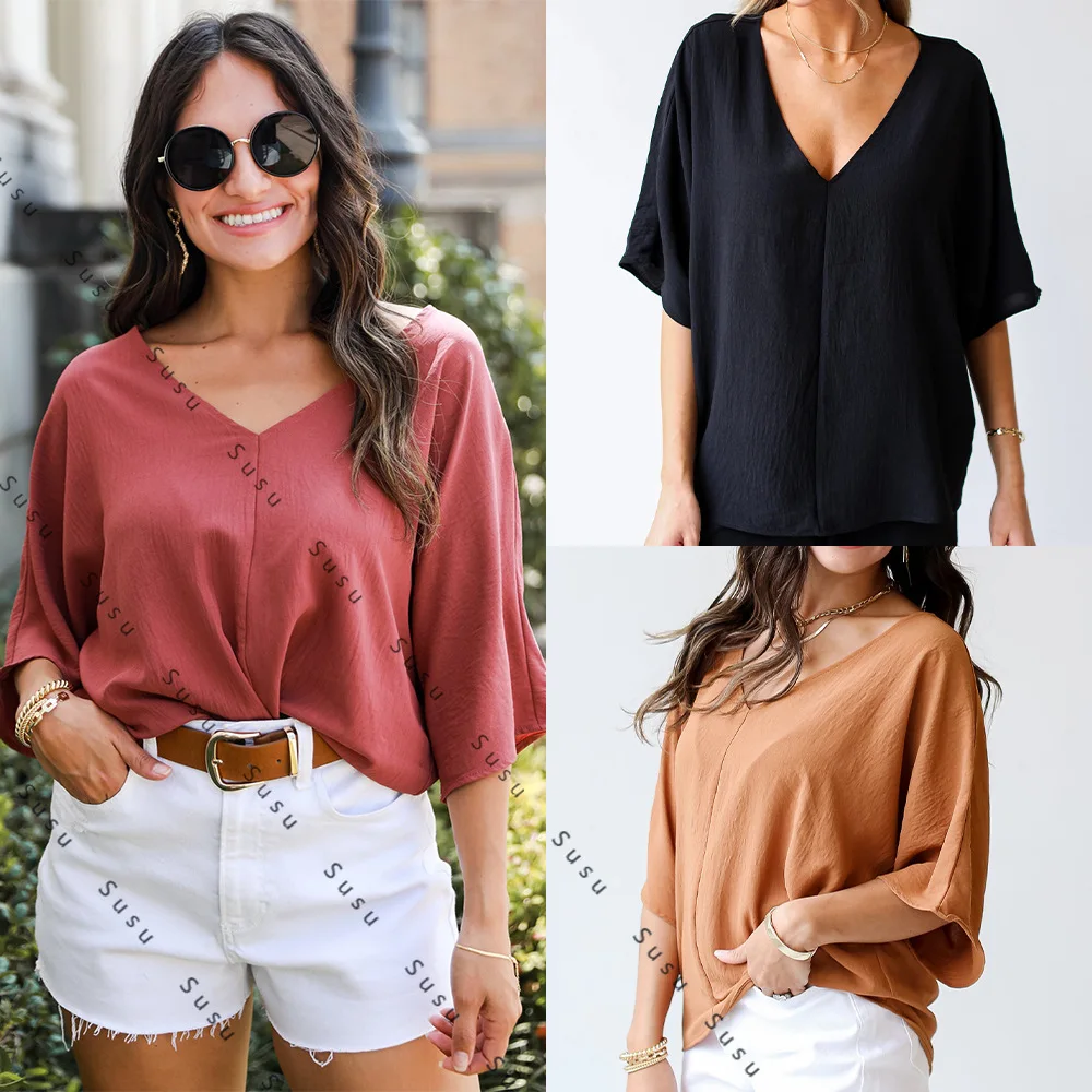 Новый AliExpress 2024, европейская и американская женская одежда, рукава «летучая мышь», однотонный свободный и сексуальный топ со средними рукавами и v-образным вырезом,
Новый AliExpress 2024, европейская и американская женская одежда, рукава «летучая мышь», однотонный свободный и сексуальный топ со средними рукавами и v-образным вырезом,