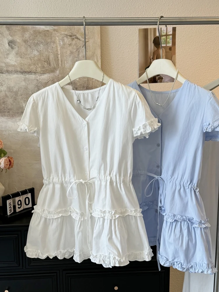 French Sweet Short Sleeve Shirts Women 2025 Summer Design Sense Niche V-Neck Tops Solid Color Casual Blouse
French Sweet Short Sleeve Shirts Women 2025 Summer Design Sense Niche V-Neck Tops Solid Color Casual Blouse