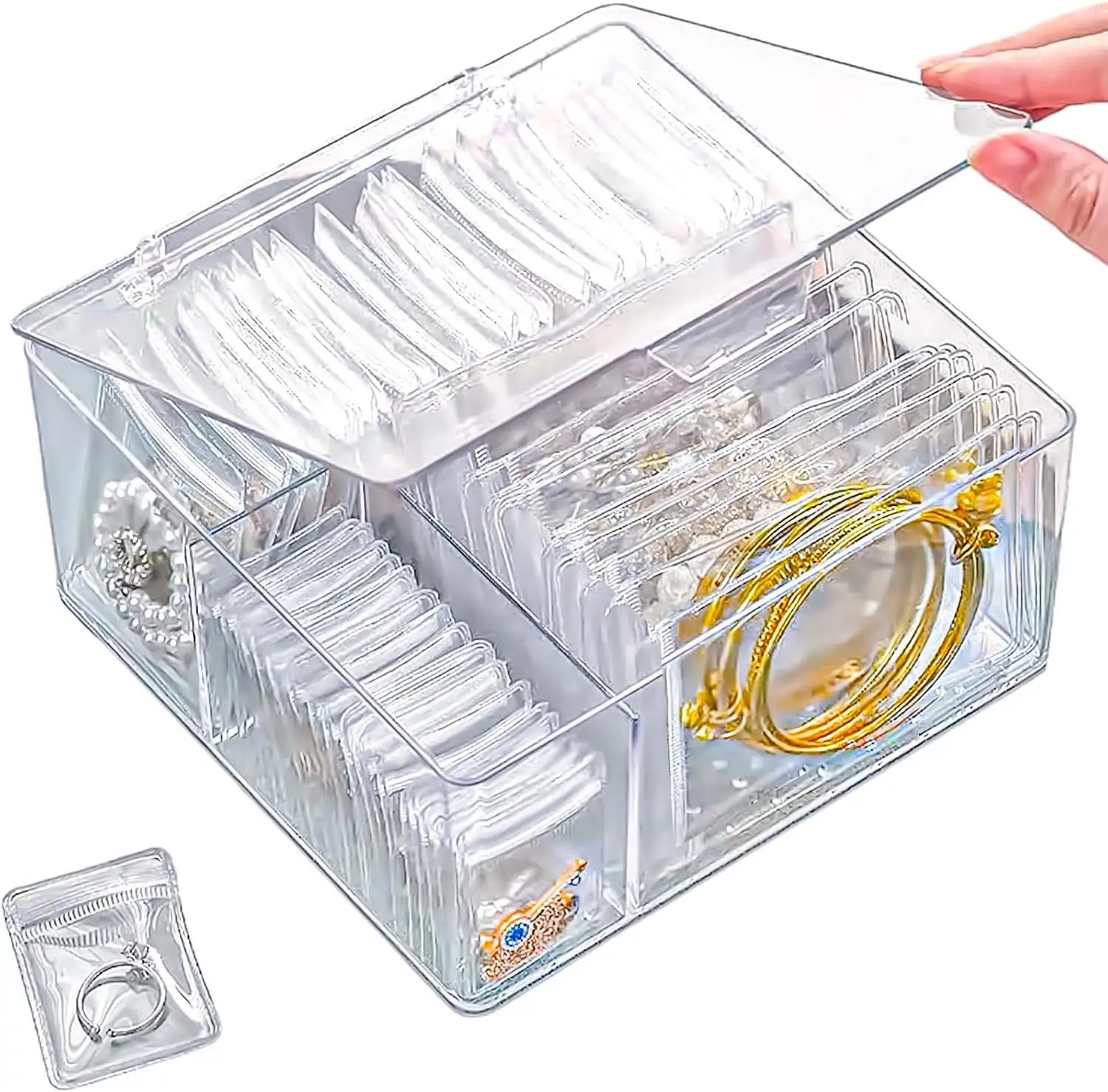 4 In 1 Acrylic Jewelry Organizer with 60 Anti Tarnish Bags, Clear Box for Travel
4 In 1 Acrylic Jewelry Organizer with 60 Anti Tarnish Bags, Clear Box for Travel