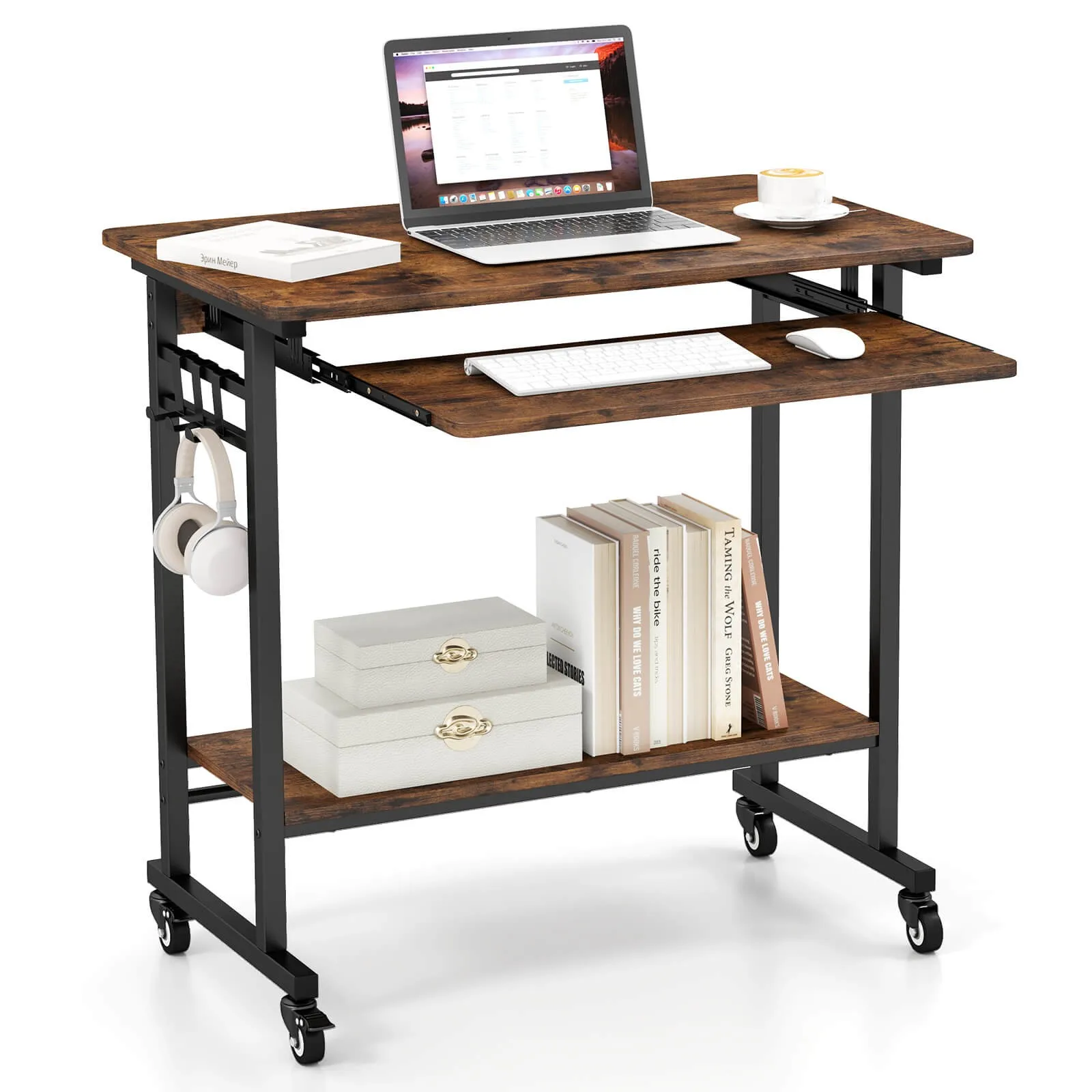 Mobile Laptop Desk with Keyboard Tray, Lower Shelf, 3 Hooks, 4 Universal Wheels
Mobile Laptop Desk with Keyboard Tray, Lower Shelf, 3 Hooks, 4 Universal Wheels