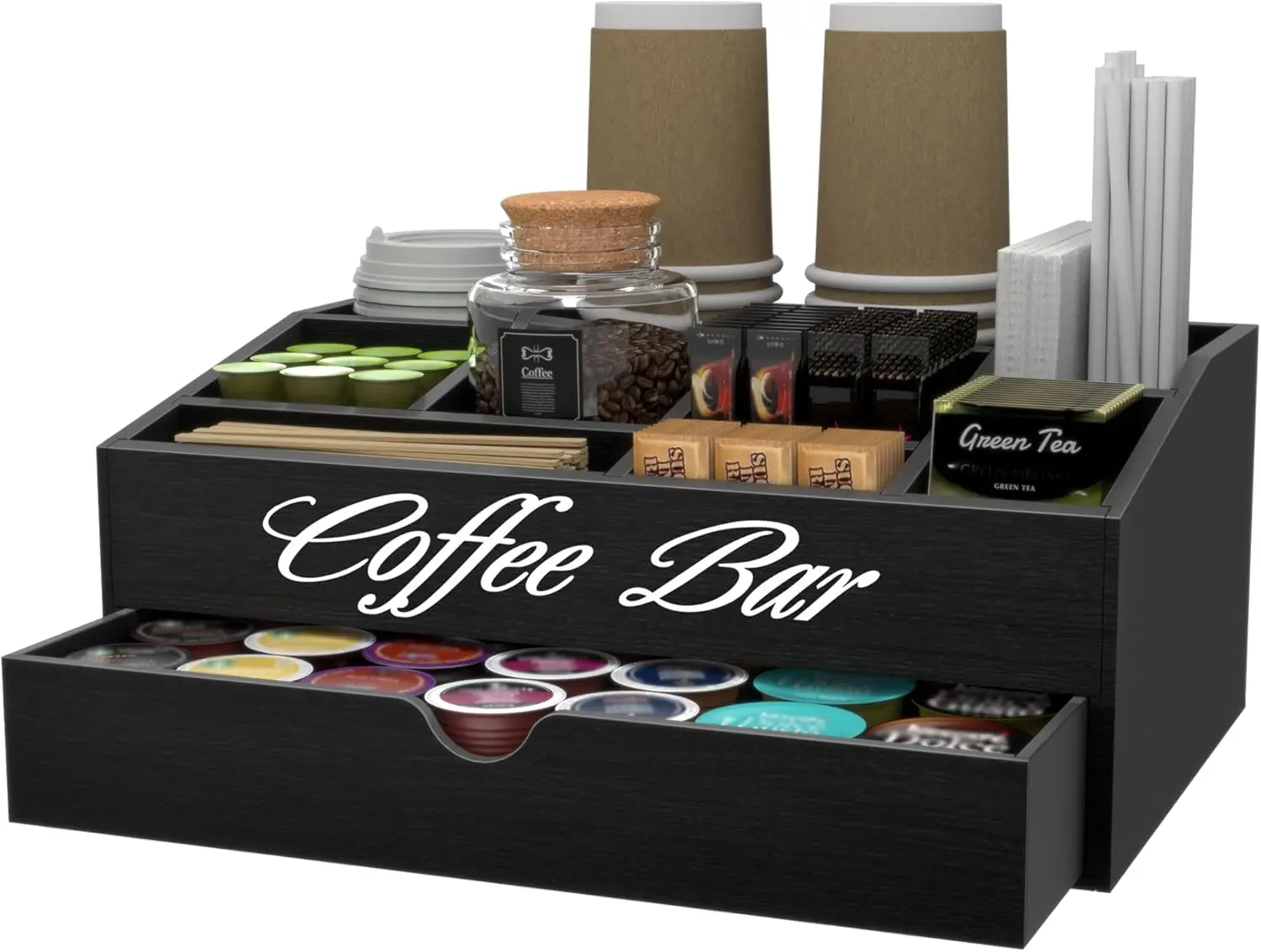 Extra Large Wooden Coffee Bar Organizer with Drawer, 2 Tiers 11 Compartments for Pods, Syrup, Tea Cups - Black
Extra Large Wooden Coffee Bar Organizer with Drawer, 2 Tiers 11 Compartments for Pods, Syrup, Tea Cups - Black
