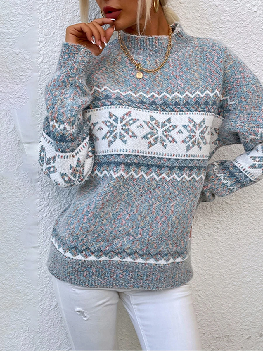 Women's Loose Christmas Sweater Cartoon Snowflake Print Long Sleeve Half High Neck Loose Pullover Fall Winter Holiday Knitwear
Women's Loose Christmas Sweater Cartoon Snowflake Print Long Sleeve Half High Neck Loose Pullover Fall Winter Holiday Knitwear