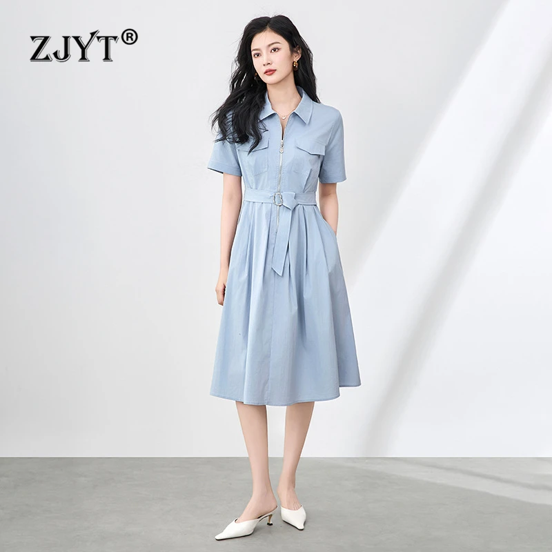 ZJYT Summer Simple Office Casual Shirt Dress Woman Elegant Turn Down Collar Front Zipper Lace Up Short Sleeve Blue Vestidos
ZJYT Summer Simple Office Casual Shirt Dress Woman Elegant Turn Down Collar Front Zipper Lace Up Short Sleeve Blue Vestidos