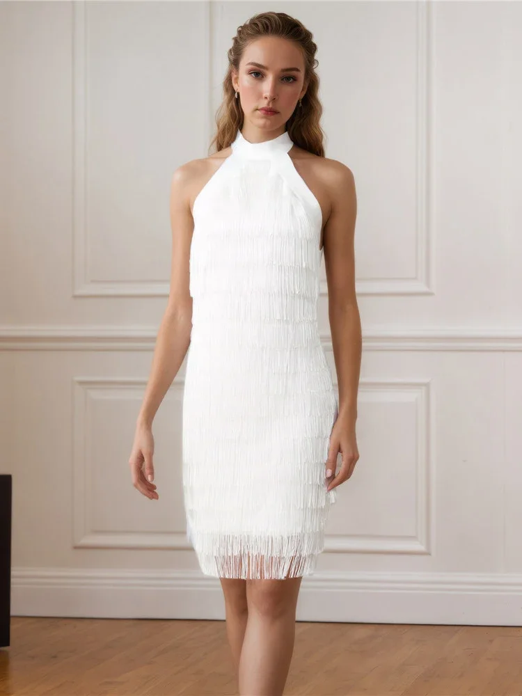 Sexy Halter Sleeveless Tassels Patchwork Bandage Dress Women Elegant White Backless Bodycon Midi Runway Evening Party Dresses
Sexy Halter Sleeveless Tassels Patchwork Bandage Dress Women Elegant White Backless Bodycon Midi Runway Evening Party Dresses