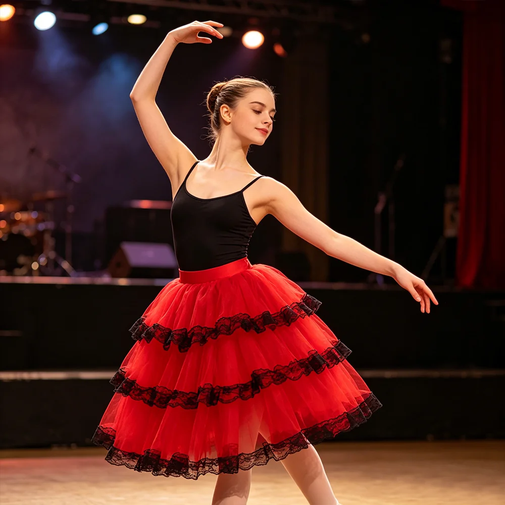Red Spanish Skirt for Women Layered Tulle Ballet with Black Lace Trim Soft Mesh Half Skirt for Spanish Dance & Stage Performance
Red Spanish Skirt for Women Layered Tulle Ballet with Black Lace Trim Soft Mesh Half Skirt for Spanish Dance & Stage Performance