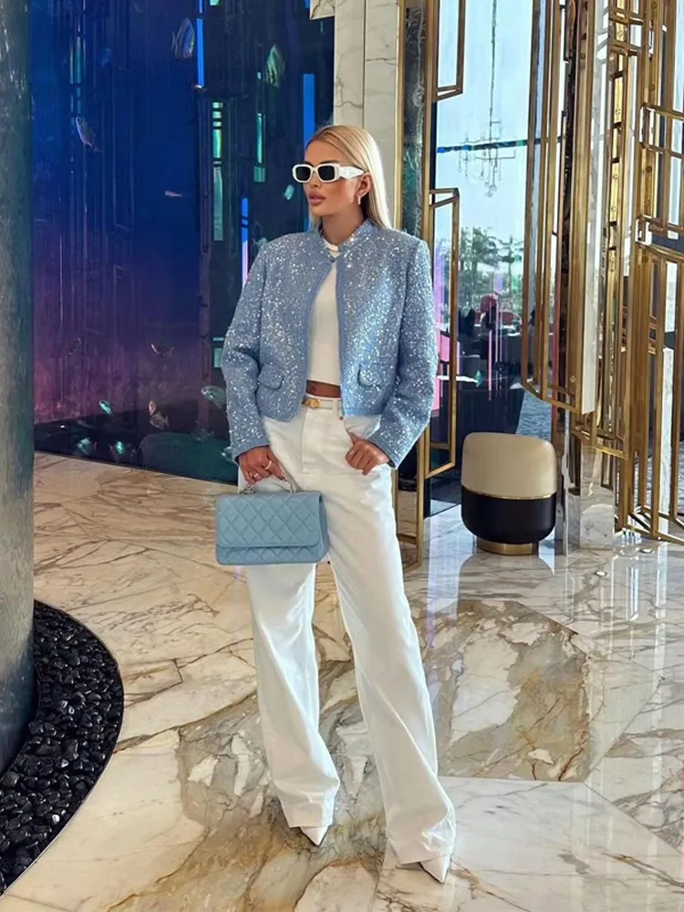 Chic Shiny Sequins Cropped Jackets For Women Elegant Stand Collar Long Sleeves Bomber Coats New Lady Fashion Streetwear 2024
Chic Shiny Sequins Cropped Jackets For Women Elegant Stand Collar Long Sleeves Bomber Coats New Lady Fashion Streetwear 2024