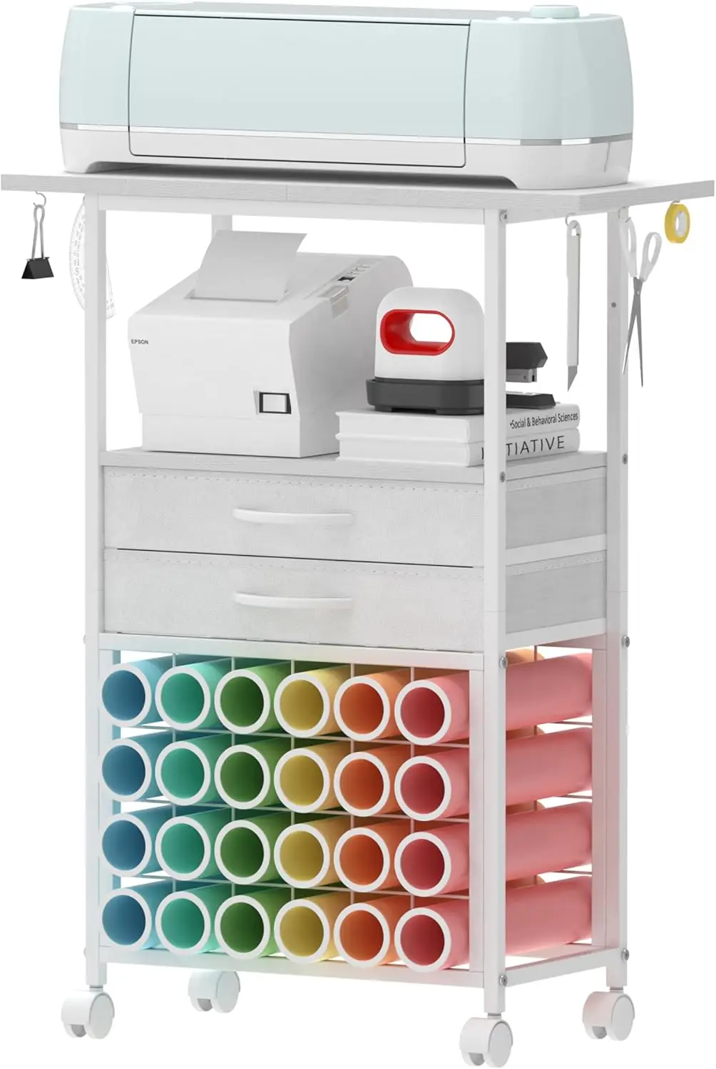 Тележка для хранения в мастерской с 24 держателями для виниловых рулонов, тканевыми ящиками, крючками для инструментов для машин Cricut - белая подставка-органайзер
Тележка для хранения в мастерской с 24 держателями для виниловых рулонов, тканевыми ящиками, крючками для инструментов для машин Cricut - белая подставка-органайзер