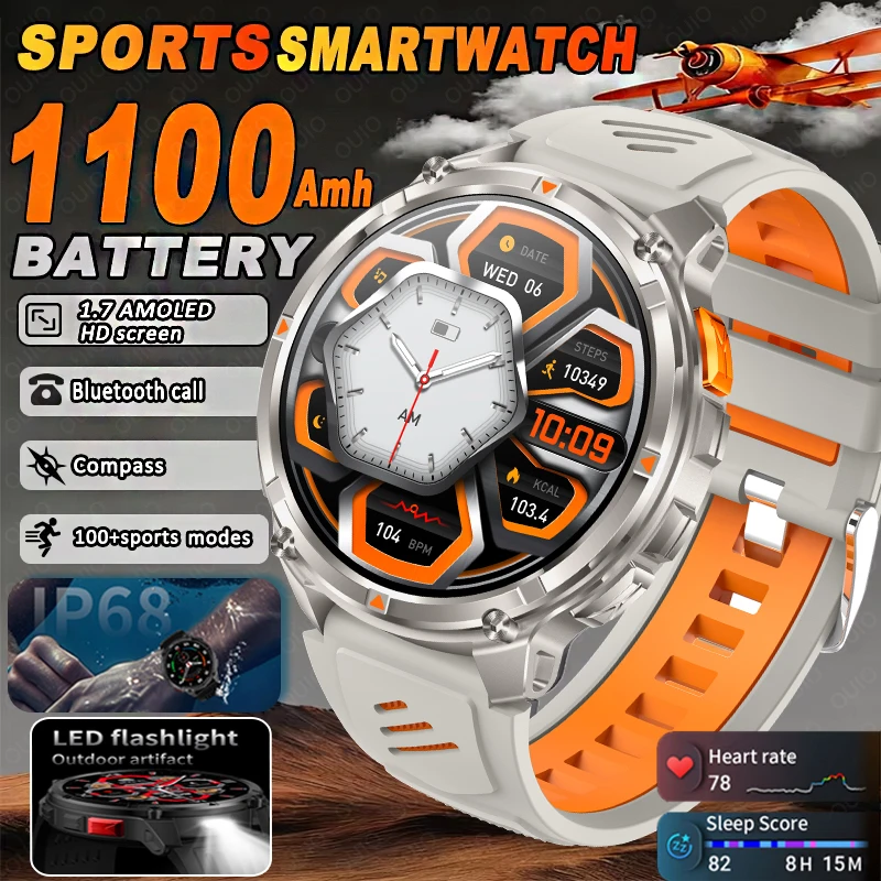 New Sports Smart Watch Men 1.7" 1100mAh LED Flashlight Heart Rate Sleep Score Compass IP68 Waterproof Bluetooth Call Smartwatch
New Sports Smart Watch Men 1.7" 1100mAh LED Flashlight Heart Rate Sleep Score Compass IP68 Waterproof Bluetooth Call Smartwatch