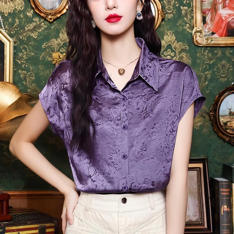Women Vintage Satin Jacquard Short Sleeve Blouse Elegant Luxury Summer Shirt
Women Vintage Satin Jacquard Short Sleeve Blouse Elegant Luxury Summer Shirt
