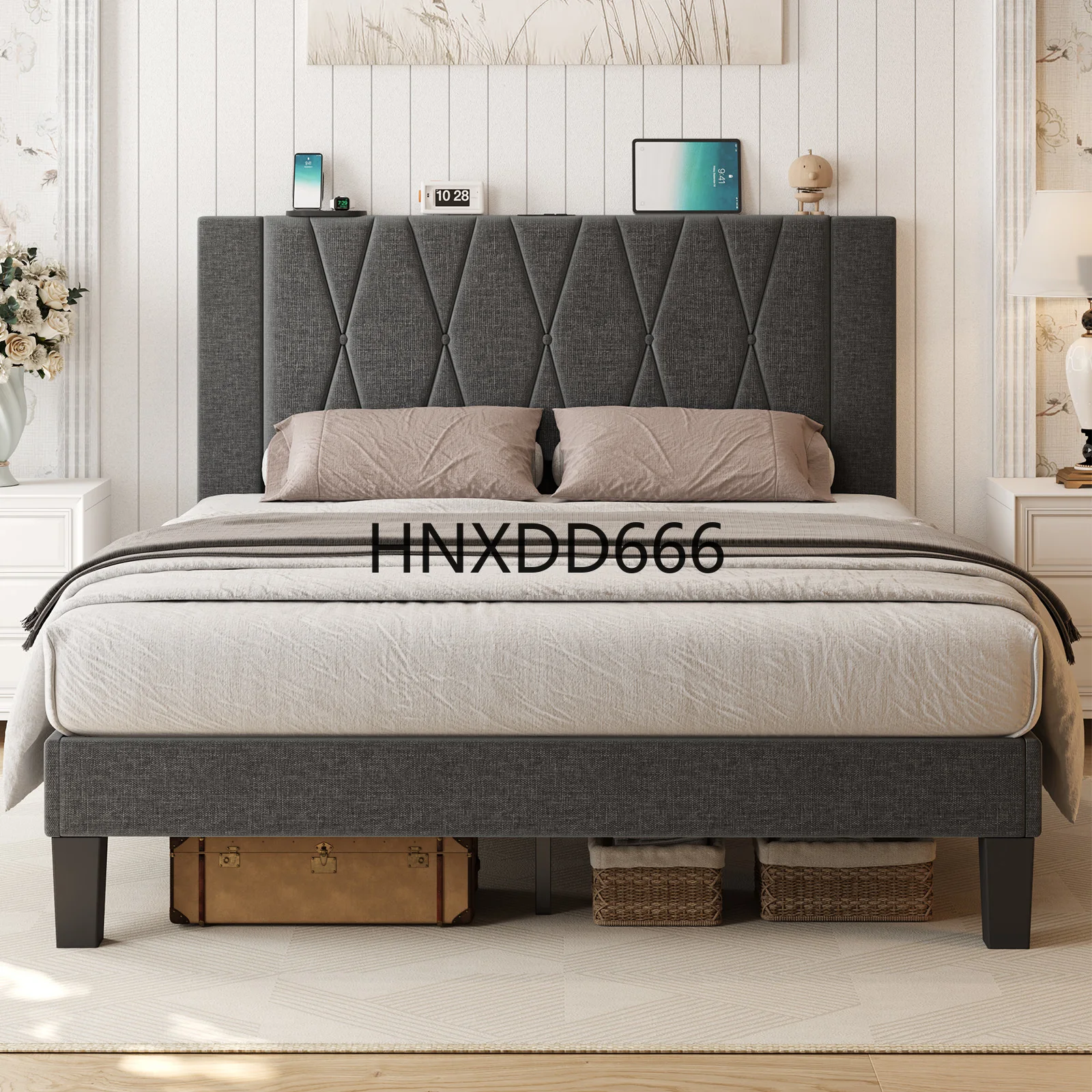 Каркас кровати размера «queen-size» с изголовьем, каркас кровати на платформе с обивкой из льна и хранилищем для зарядки, пружина не требуется, темно-серый
Каркас кровати размера «queen-size» с изголовьем, каркас кровати на платформе с обивкой из льна и хранилищем для зарядки, пружина не требуется, темно-серый