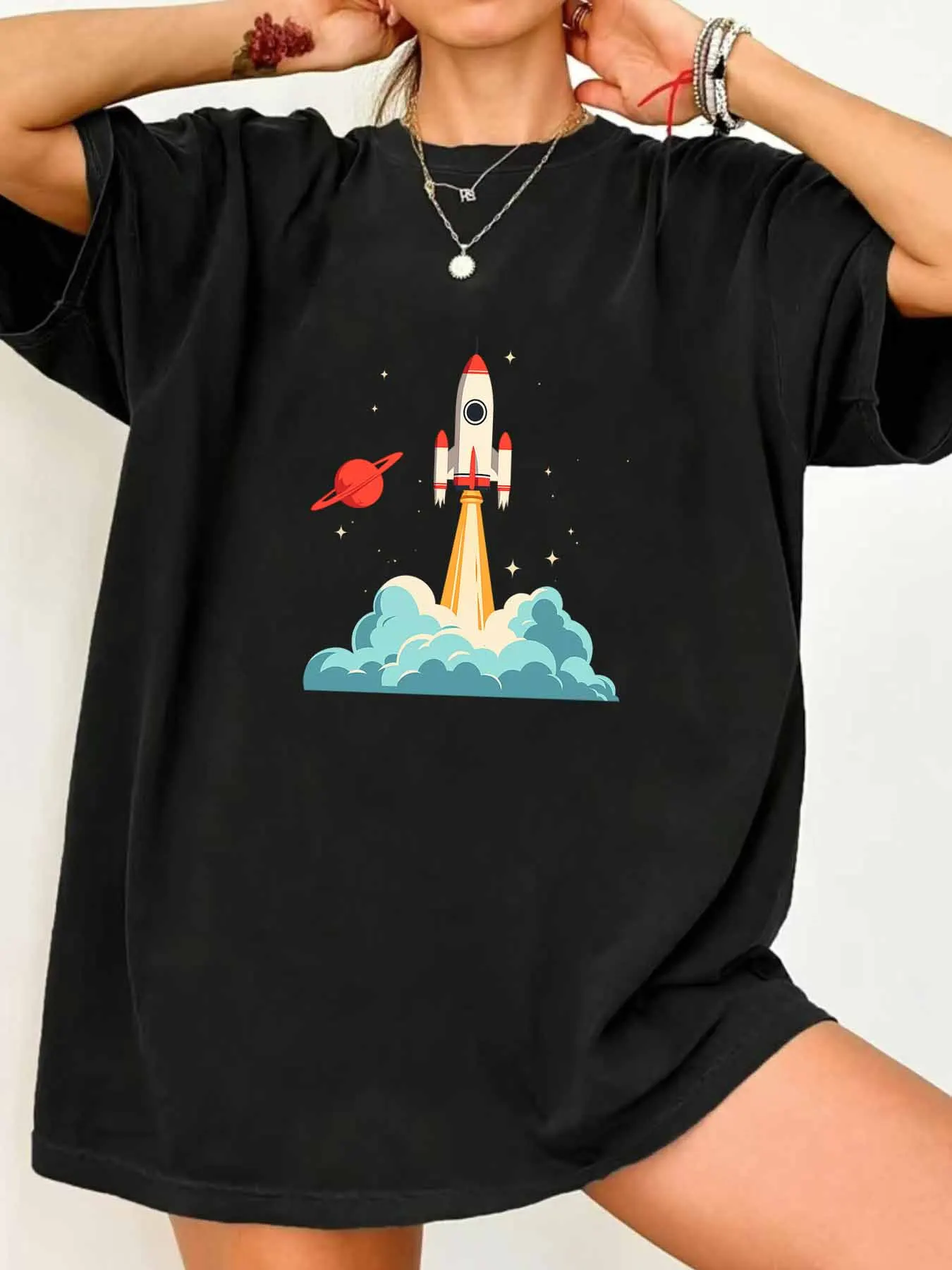 【007606】Rocket Round neck women's T-shirt short sleeves fashion printed half-sleeve top elastic T-shirt 
【007606】Rocket Round neck women's T-shirt short sleeves fashion printed half-sleeve top elastic T-shirt
